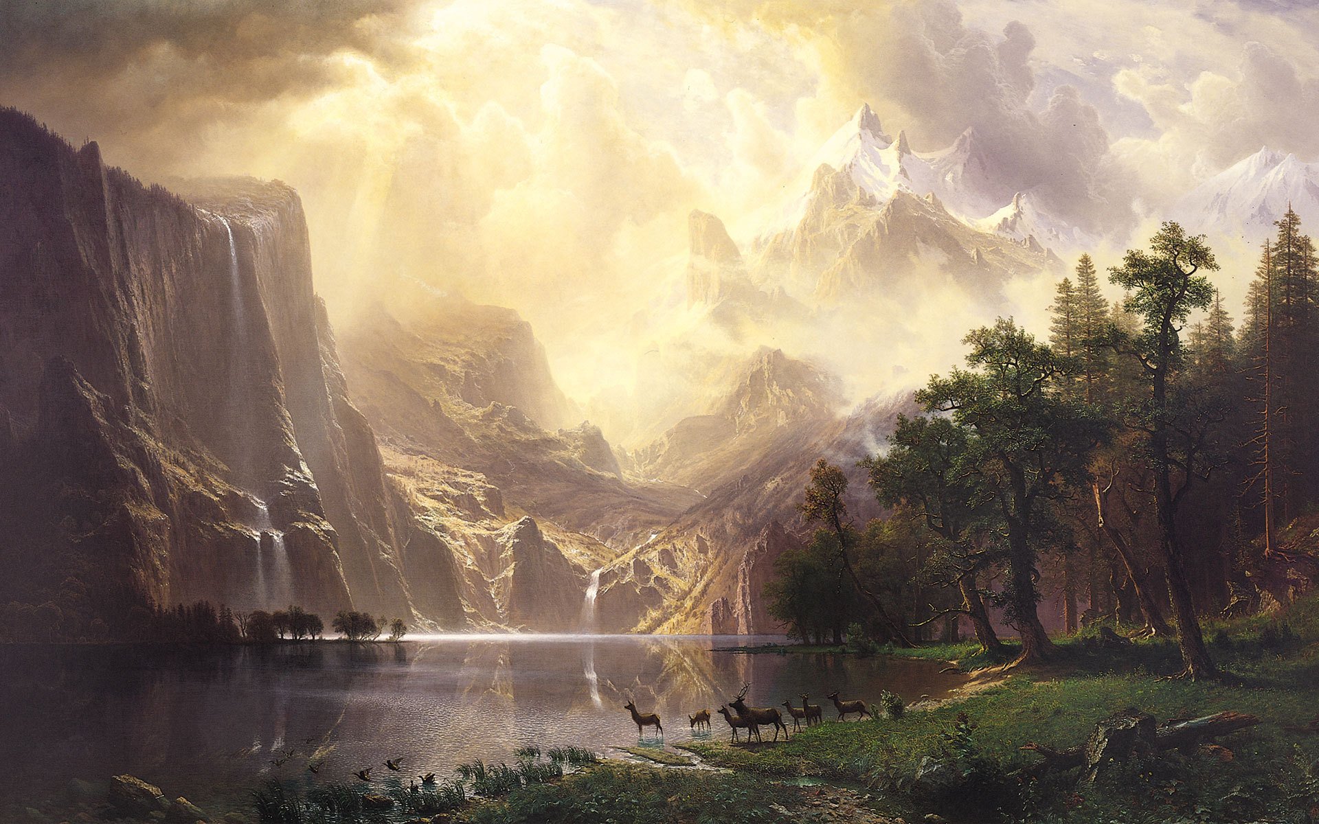 bierstadt paisaje montañas cascada lago ciervos bosque cielo