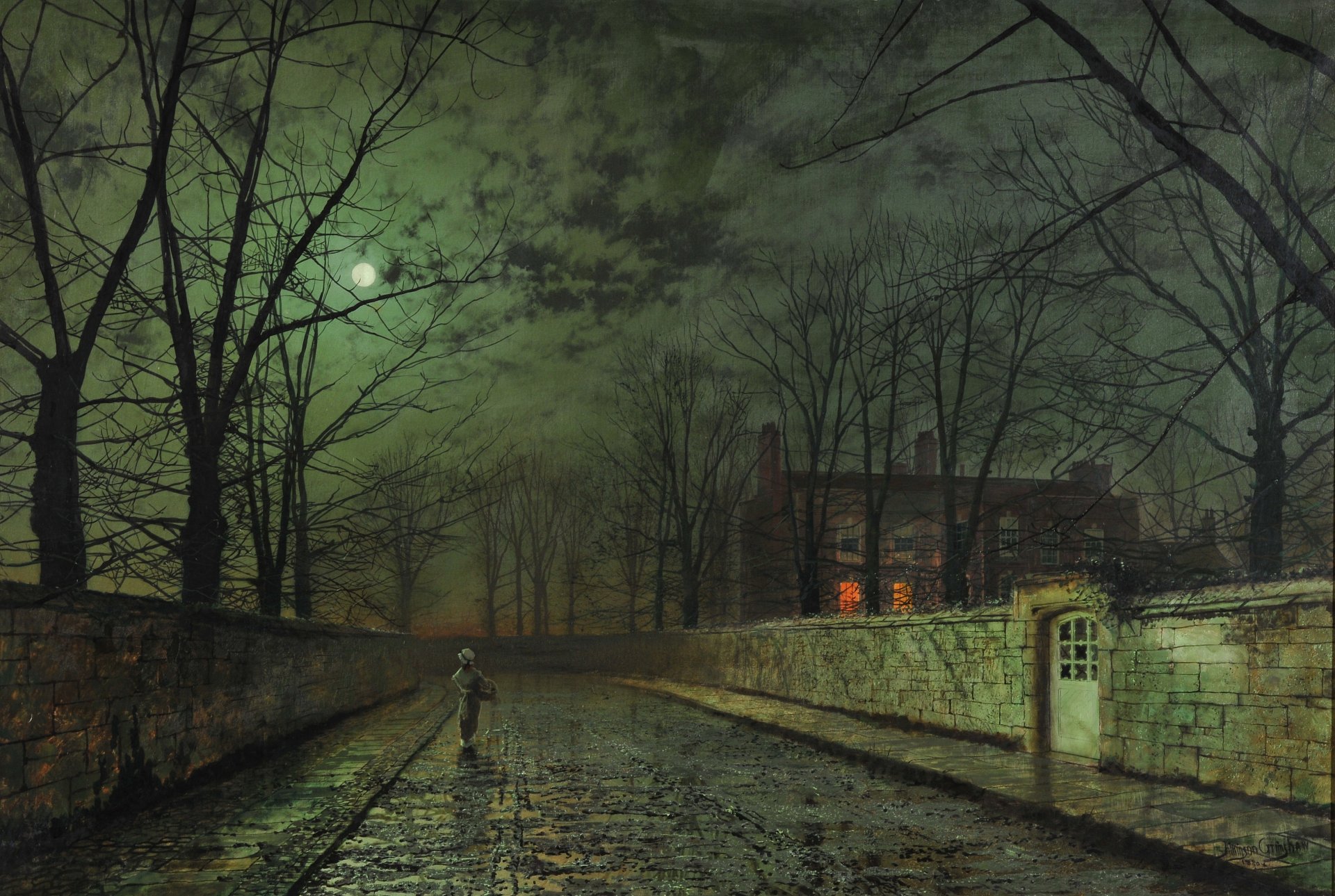 bild john atkinson grimshow nacht mond straße mädchen haus zaun tür tor fenster licht straße wolken bäume zweige herbst dunkelheit