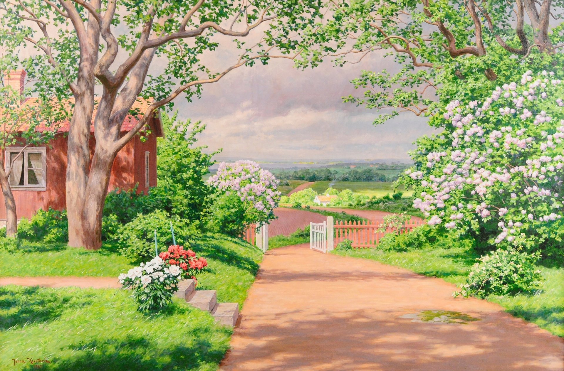 pintura paisaje johan krouthen verano casa de campo ventana casa de campo jardín camino cerca portillo árboles arbustos flores vegetación campos pueblo