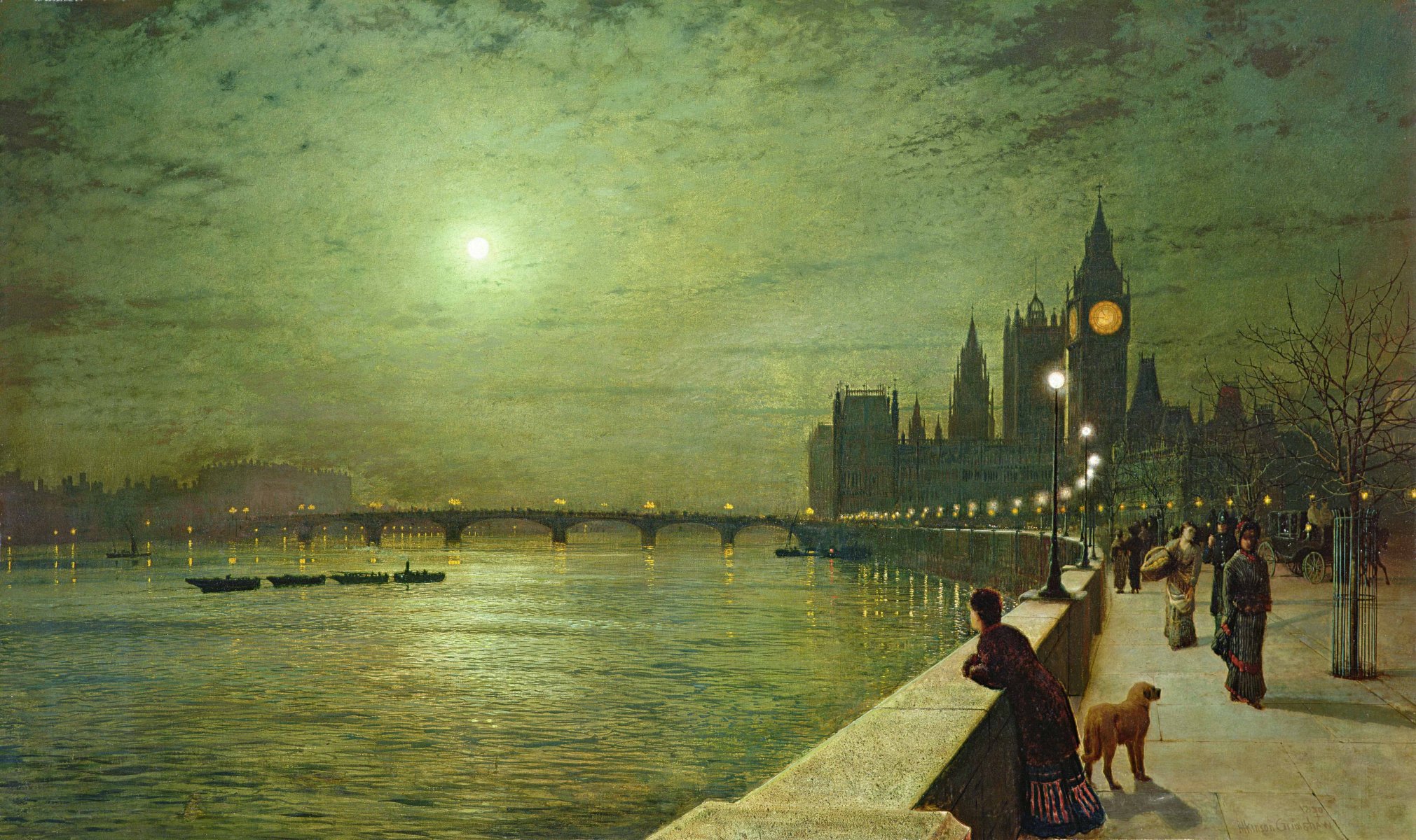 pattern john atkinson grimshaw night moon embankment parapet bridge river lamps boat tower big ben london people dog