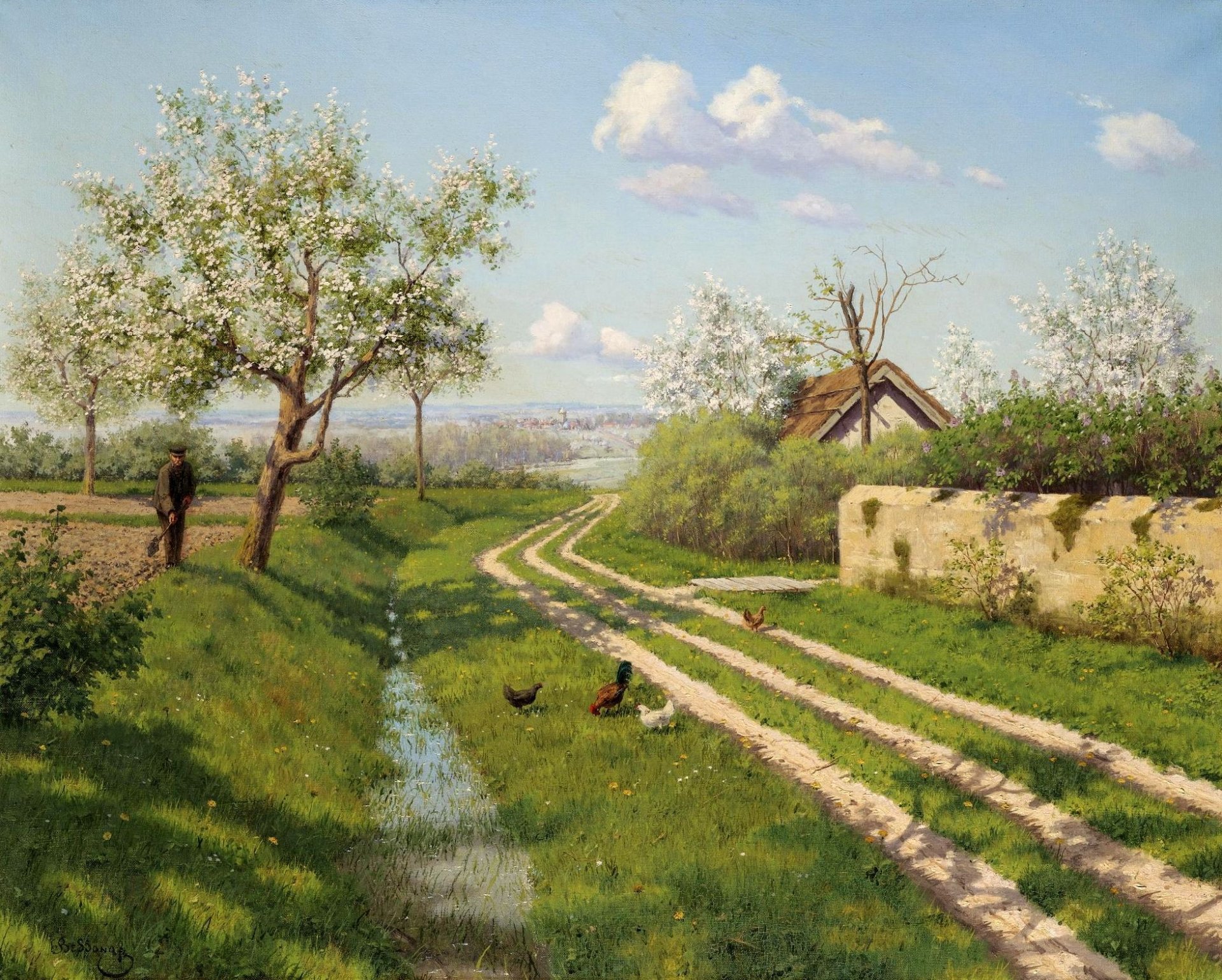 peinture paysage boris bessonov printemps village maison toit arbres floraison route bord de la route herbe poulets