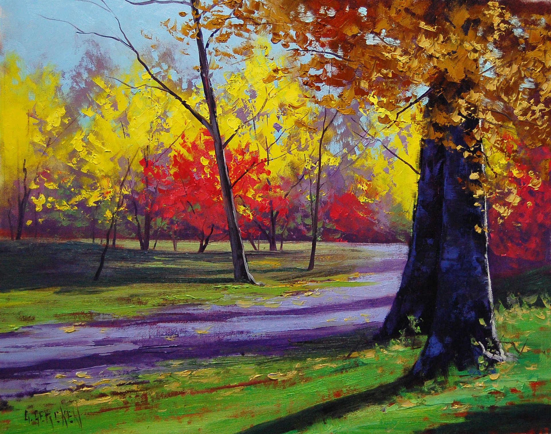 kunst artsaus natur herbst bäume sonnig gehweg park