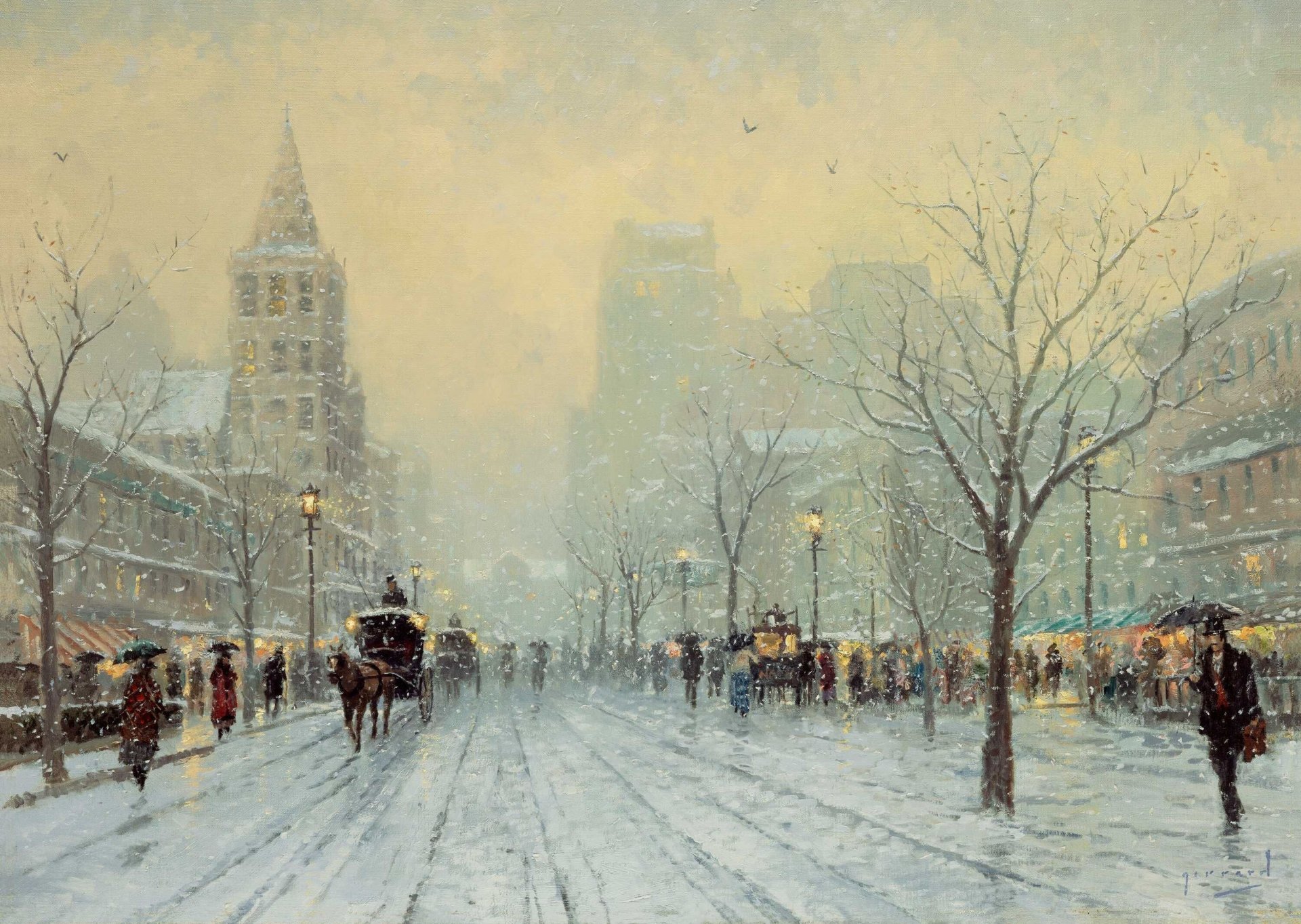 blue boulevard thomas kinkade pintura blue boulevard boulevard invierno frío escarcha viento nieve noche linternas peatones carro carruaje escaparates nieve resbaladizo calle edificios niebla de invierno niebla parís francia