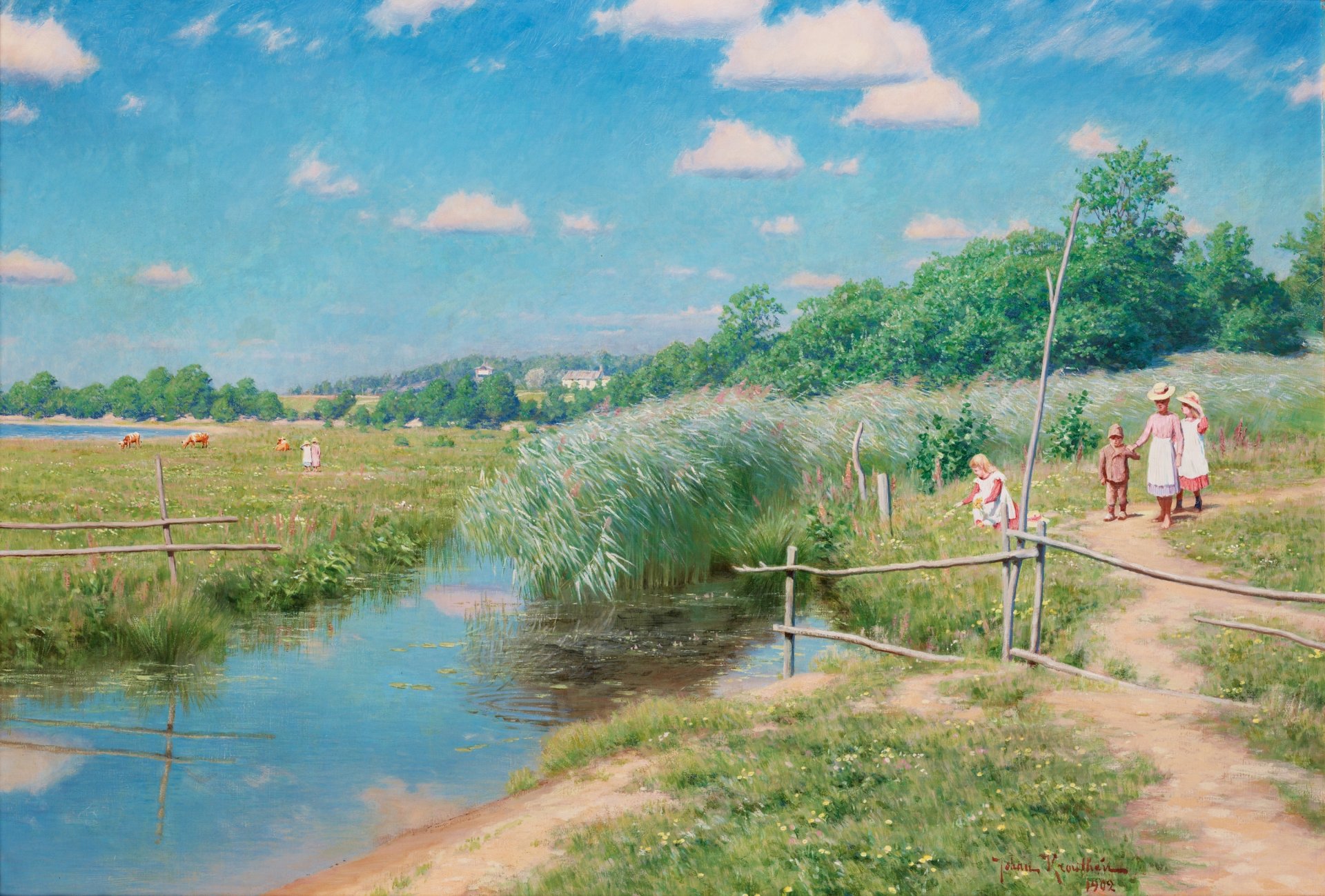 pintura paisaje johan krouthen verano pueblo paseo niños prado pasto camino arroyo pantano juncos árboles cielo nubes