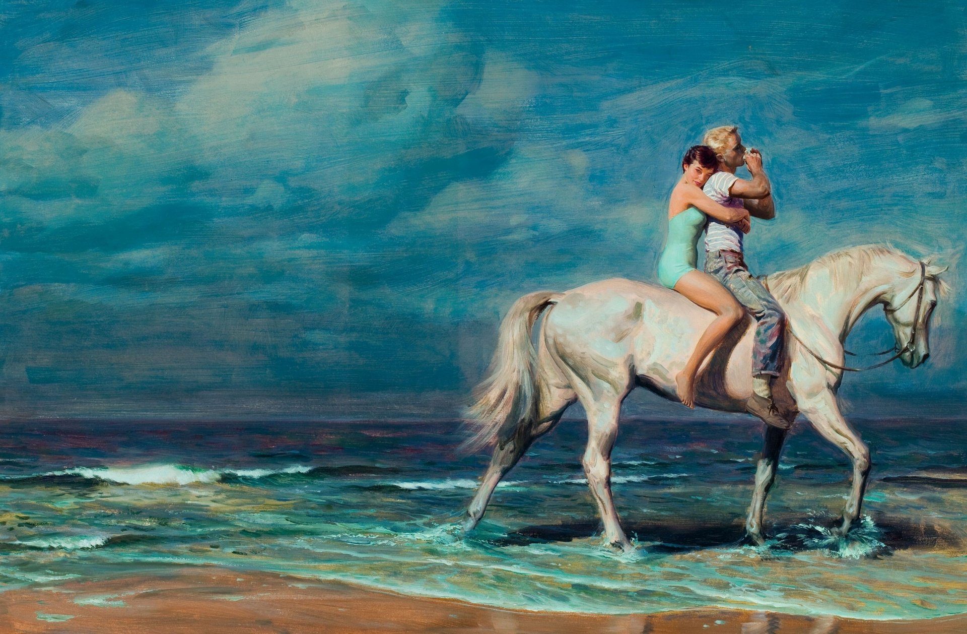 tom lovell two men a woman horse beach water