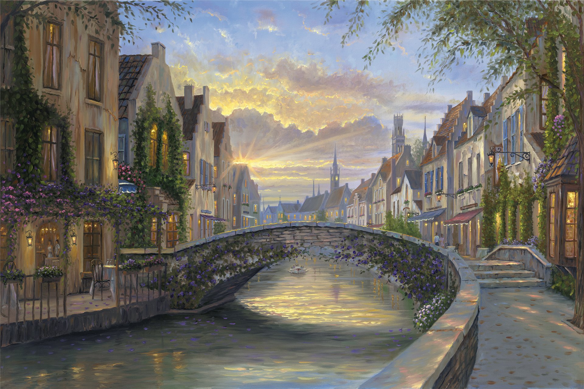 robert finale reflection of belgium painting belgium night sunset house bridge river water channel flower