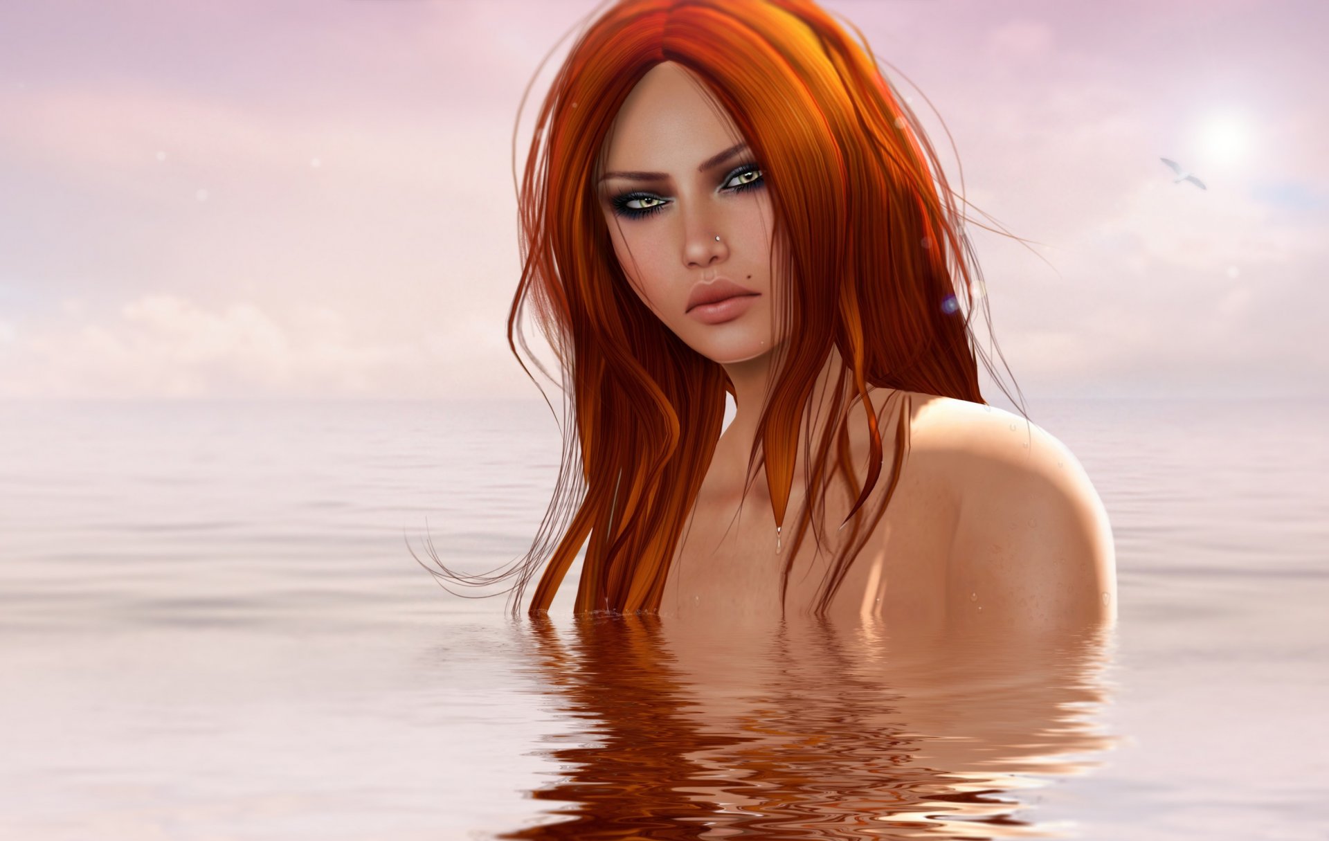 fille rousse eau ondulations soleil horizon