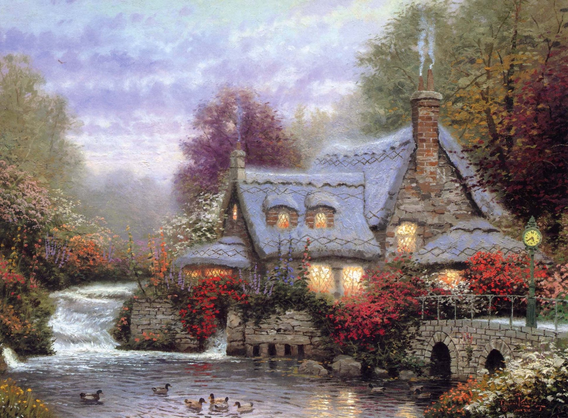 the miller s cottage thomas kinkade kincaid night cottage house flower duck bridge river smoke comfort heat