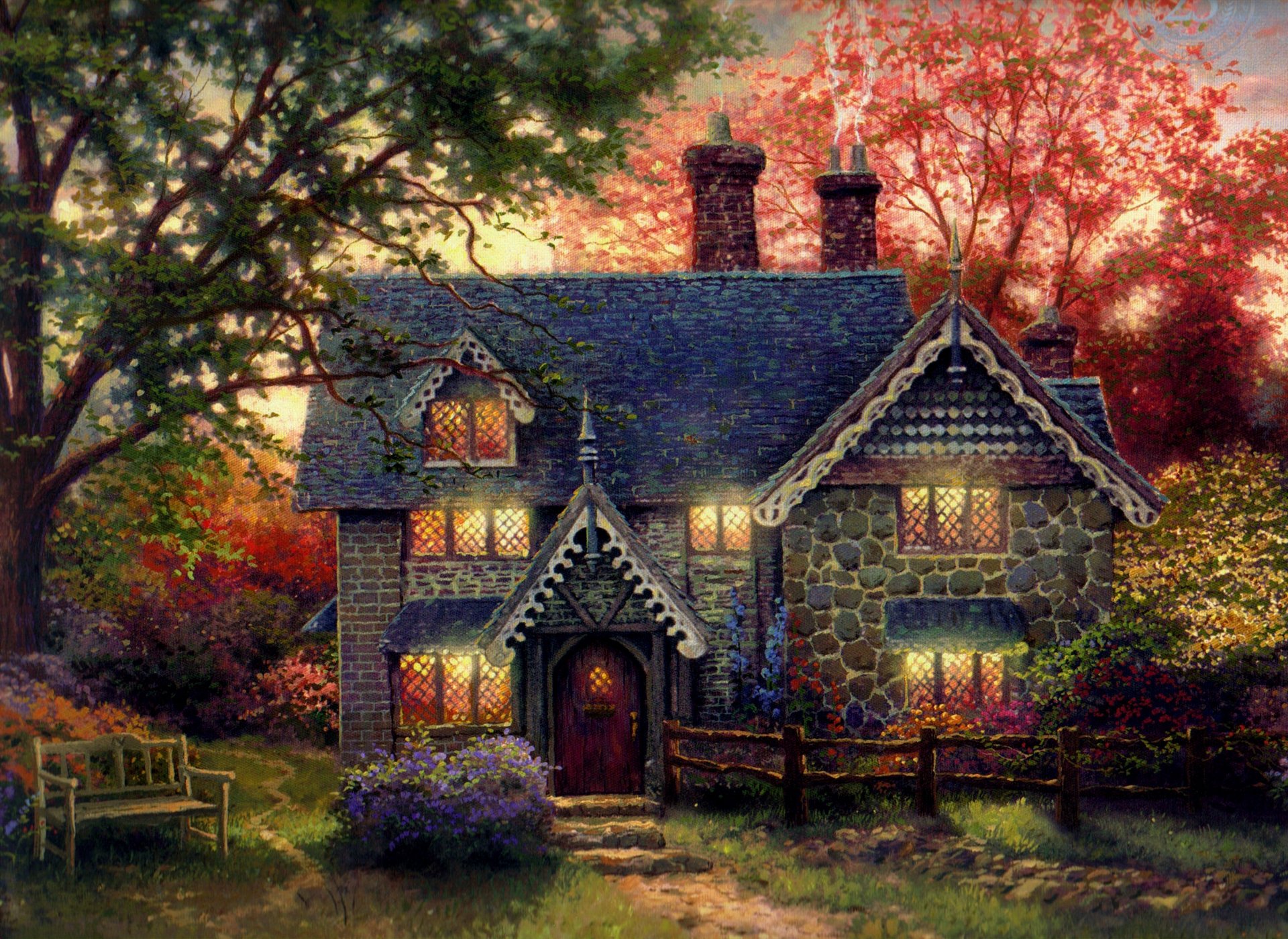 thomas kinkade casa de pan de jengibre arte pintura noche casa de piedra casa de campo luz en las ventanas banco banco casa