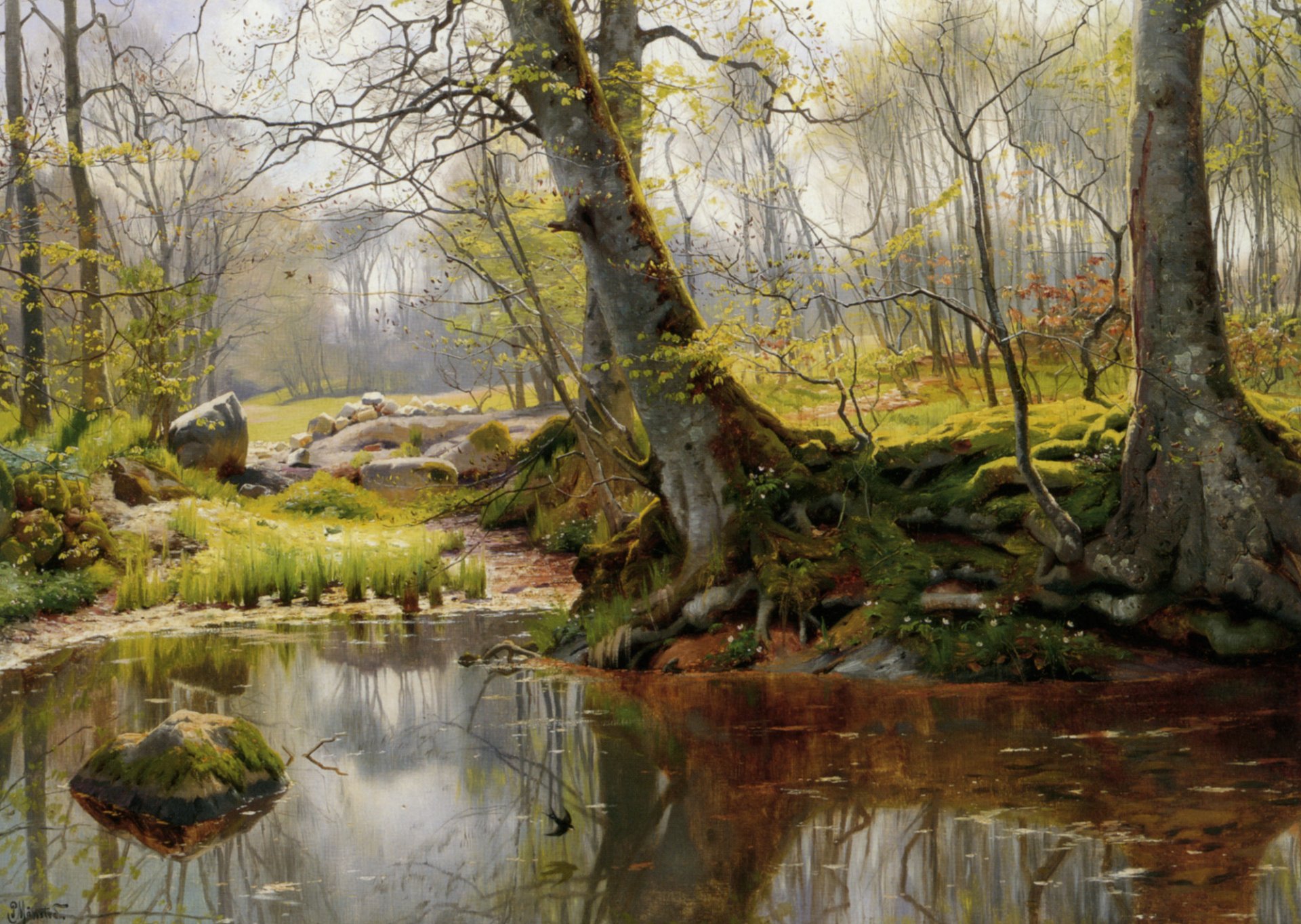 pittura paesaggio peder mork monsted foresta lago alberi radici muschio riflessione pietre