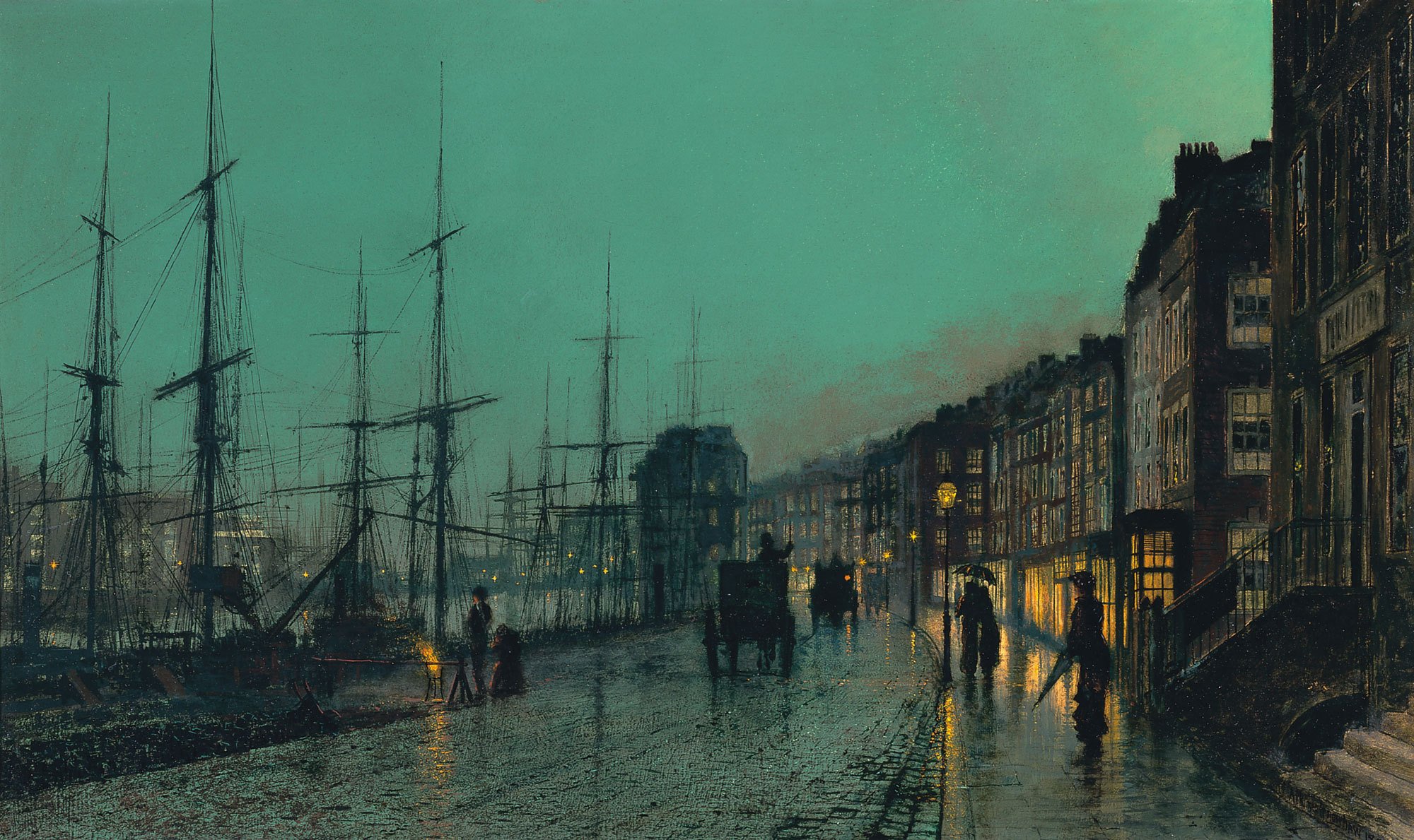 obraz john atkinson grimshaw noc ulica miasto port przystań statki maszty most powóz domy