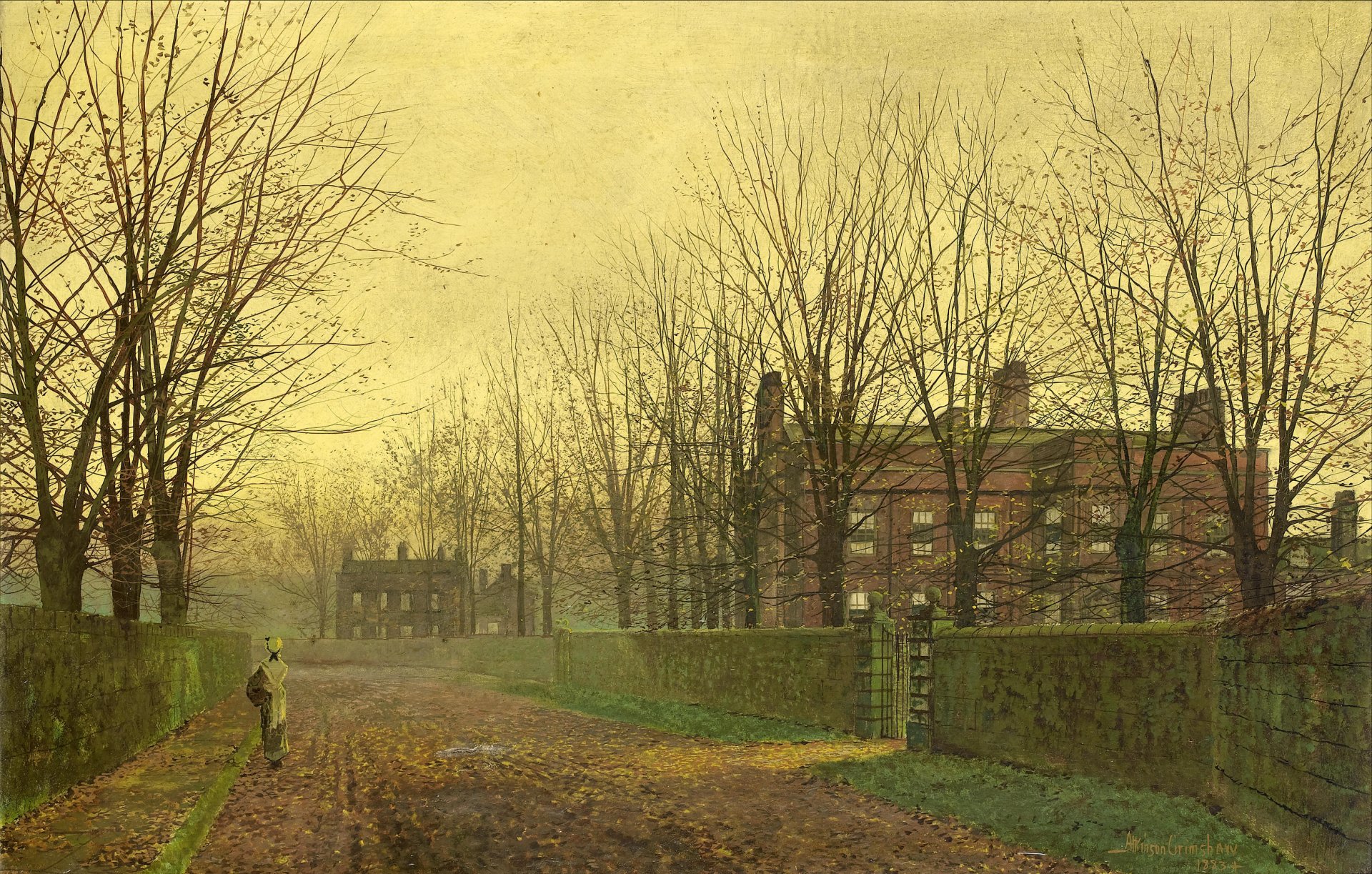 pittura john etkinson grimshaw autunno vicolo strada alberi rami foglie case ragazza cancello recinzione