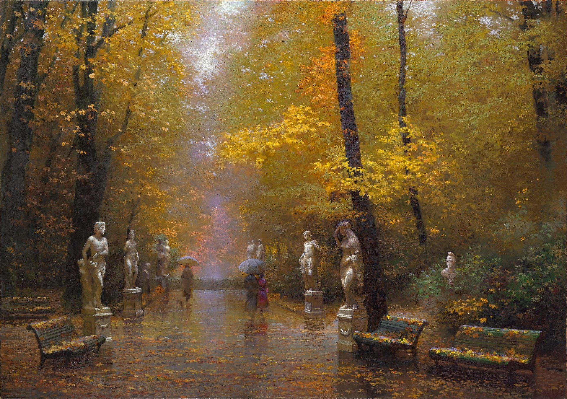 malerei landschaft kunst victor nizovtsev park bäume herbst gold laubfall regen regenschirme spaziergang statuen bänke