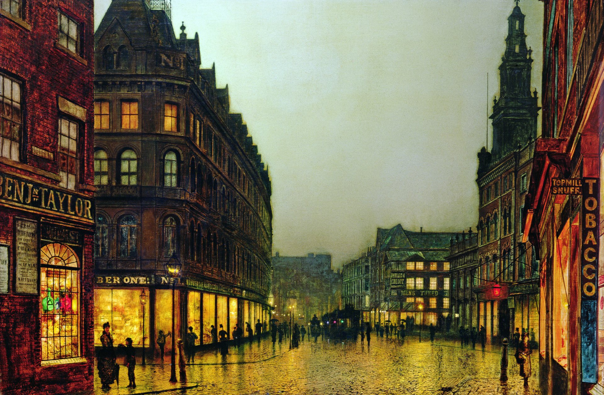 pintura john atkinson grimshaw ciudad calle casas escaparates personas letreros linternas ventanas luz