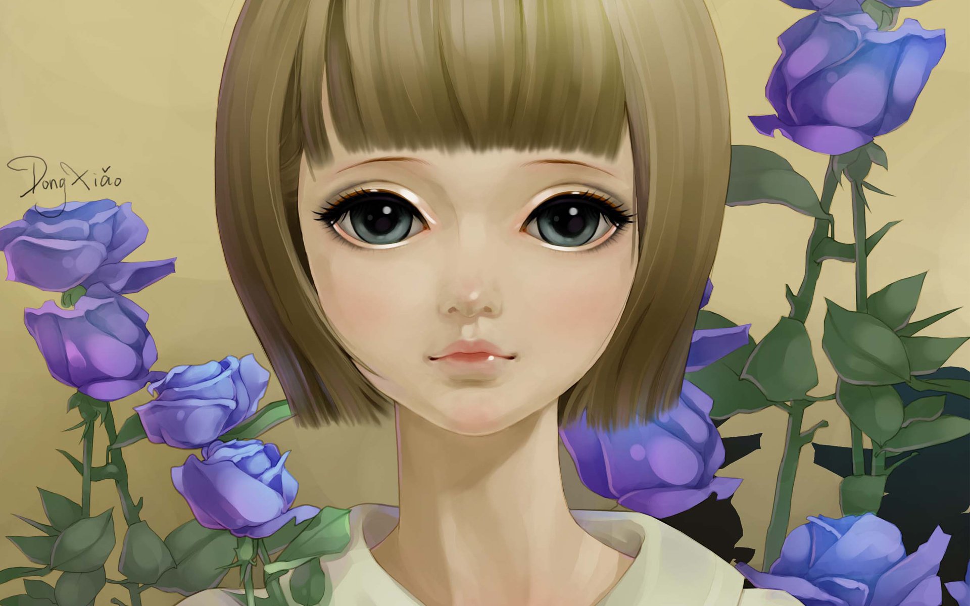 art dong xiao girl face portrait flower roses purple