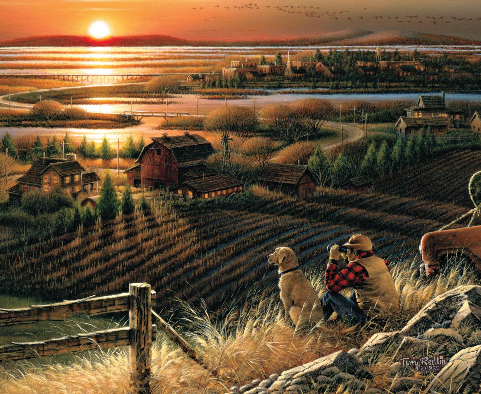 terry redlin mejores amigos pintura otoño tarde puesta de sol casa río puente campo perro binoculares aves migratorias