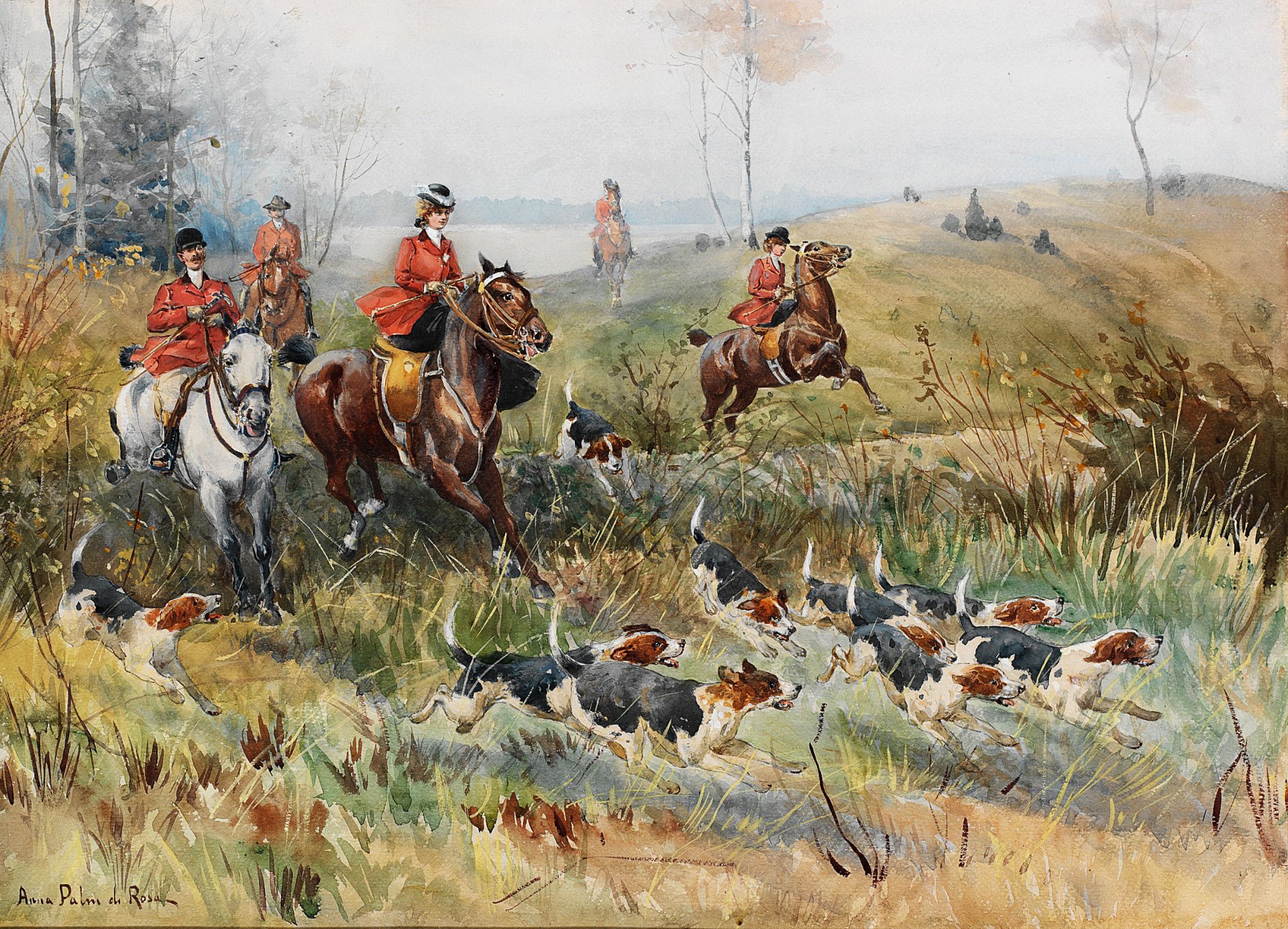 anna palm de rosa rävjakt fox hunting hunt hunters horse dogs chase the situation painting art