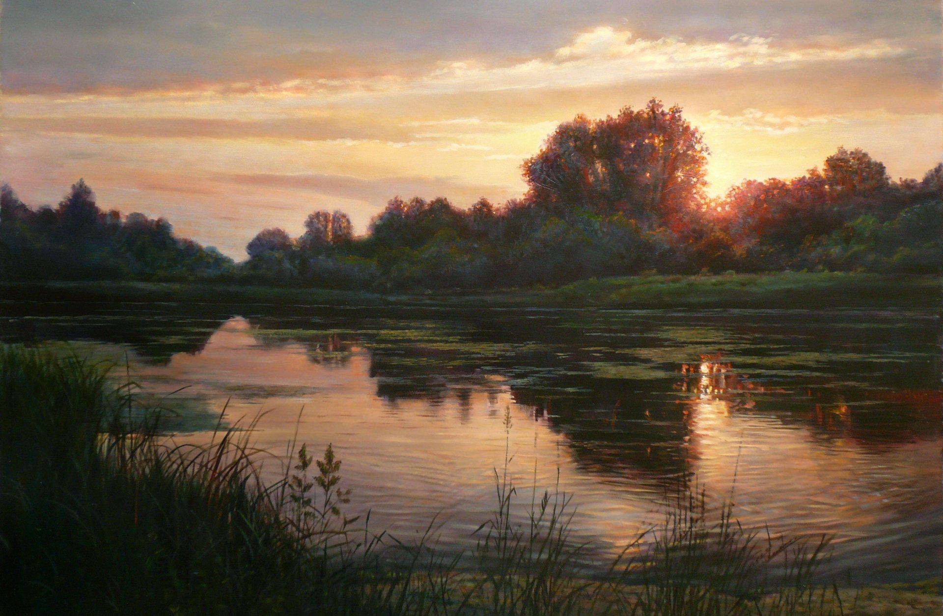 pintura paisaje zbigniew kopania lago reflexión puesta de sol tarde orilla árboles hojas de hierba luz cielo