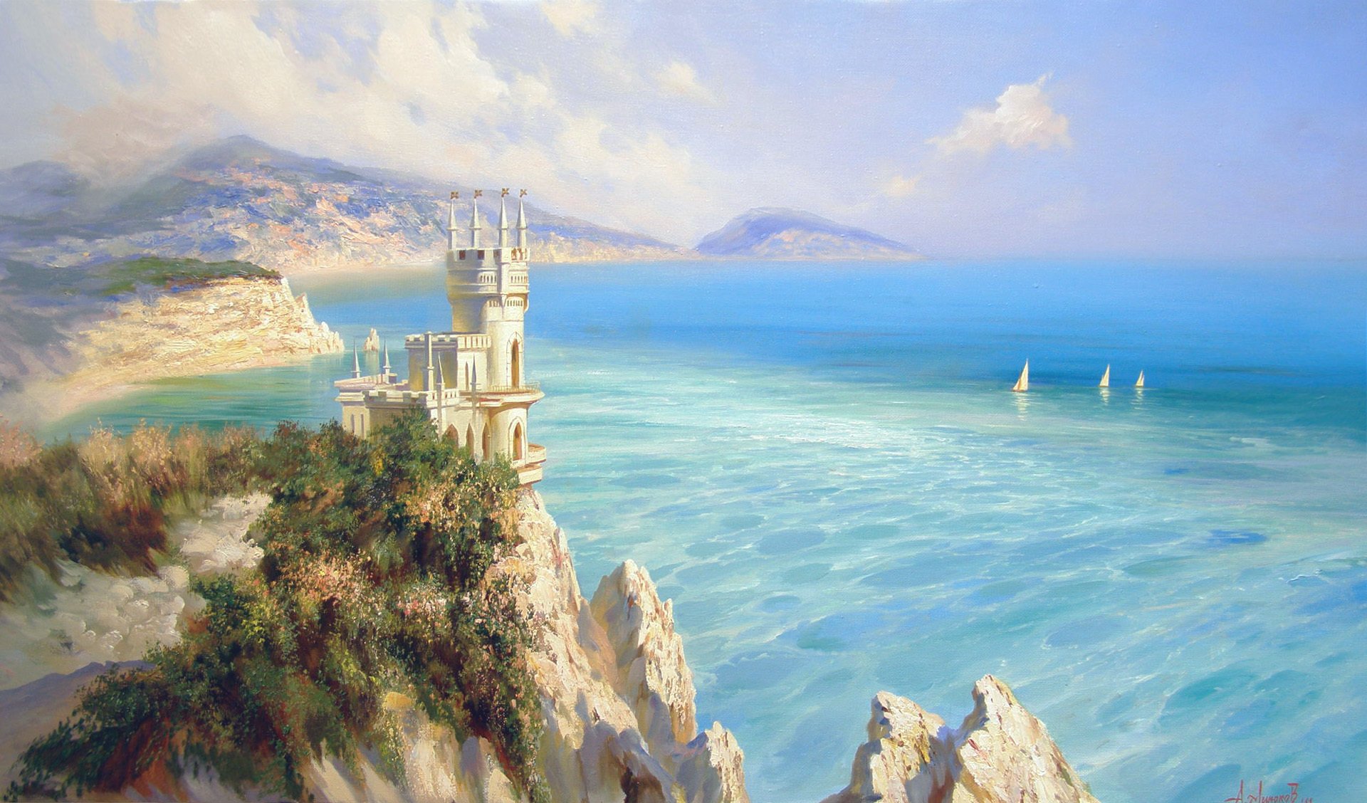 milyukov alexander nido de golondrina castillo mar azul espacio vela montañas rocas crimea paisaje belleza