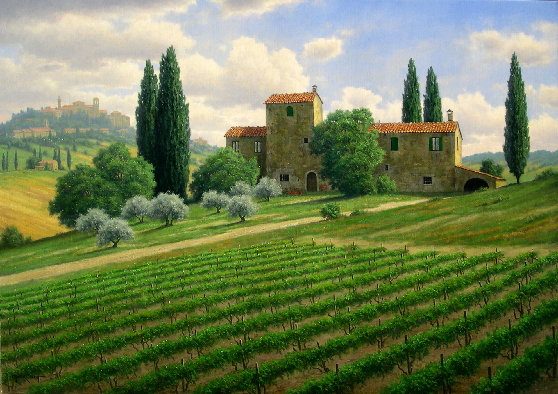 pintura paisaje marc petit italia campos casa árboles cipreses colinas viñedos