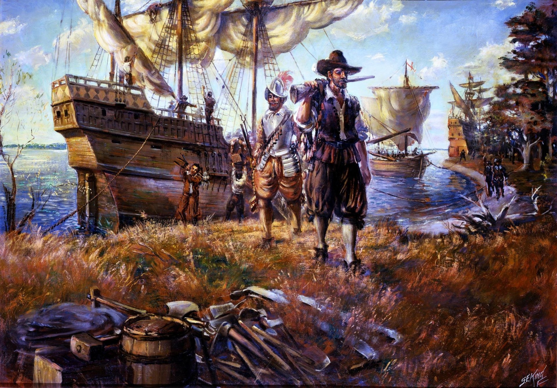 mouth chesapeake gulf ships beach english .first colonists jamestown pattern canvas oil