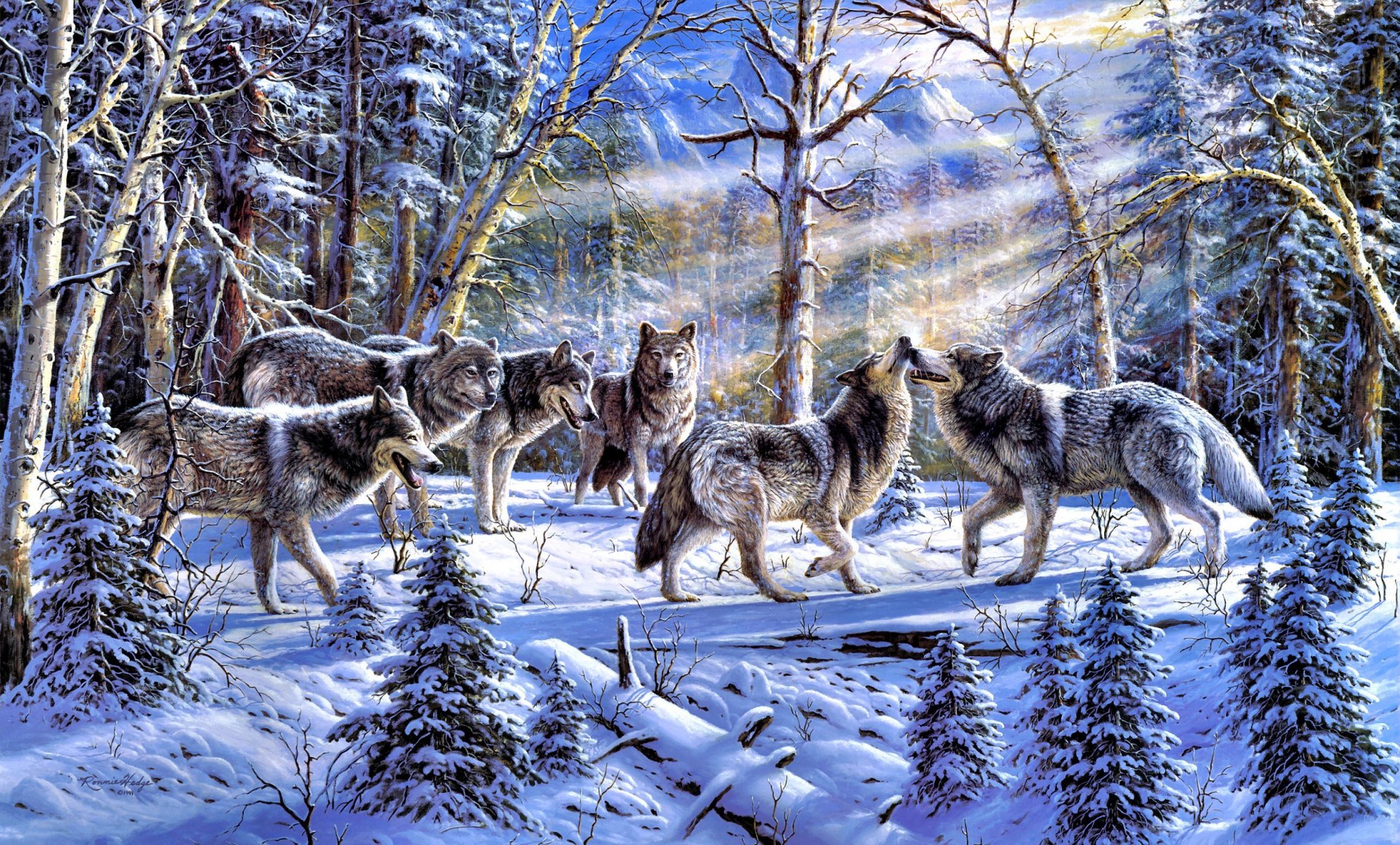 ronnie haie esprit peinture forêt hiver loups troupeau rayons du soleil sapin nature animaux