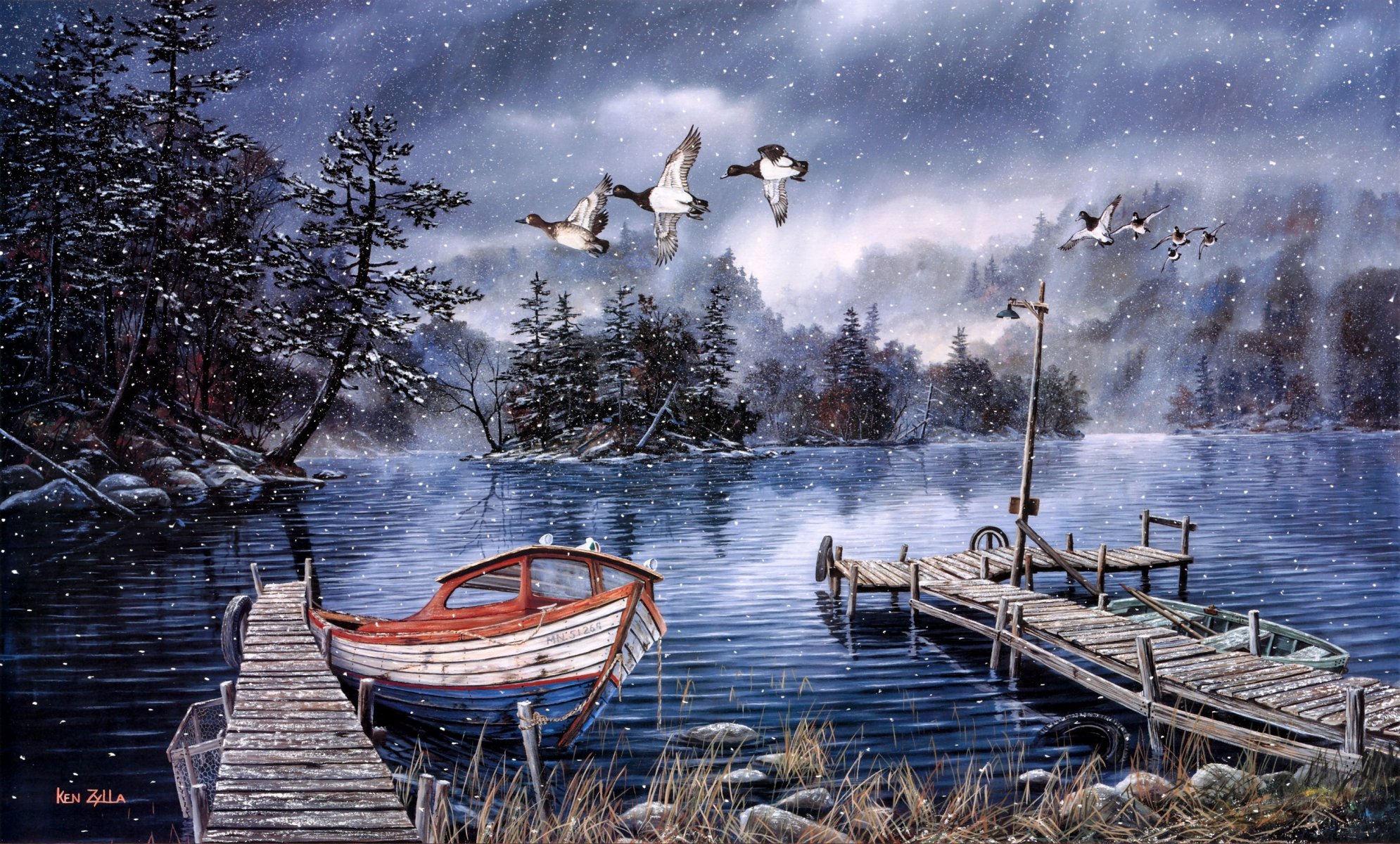 ken zylla lake in the forest painting late autumn first snow lake pier lantern boat ducks boat