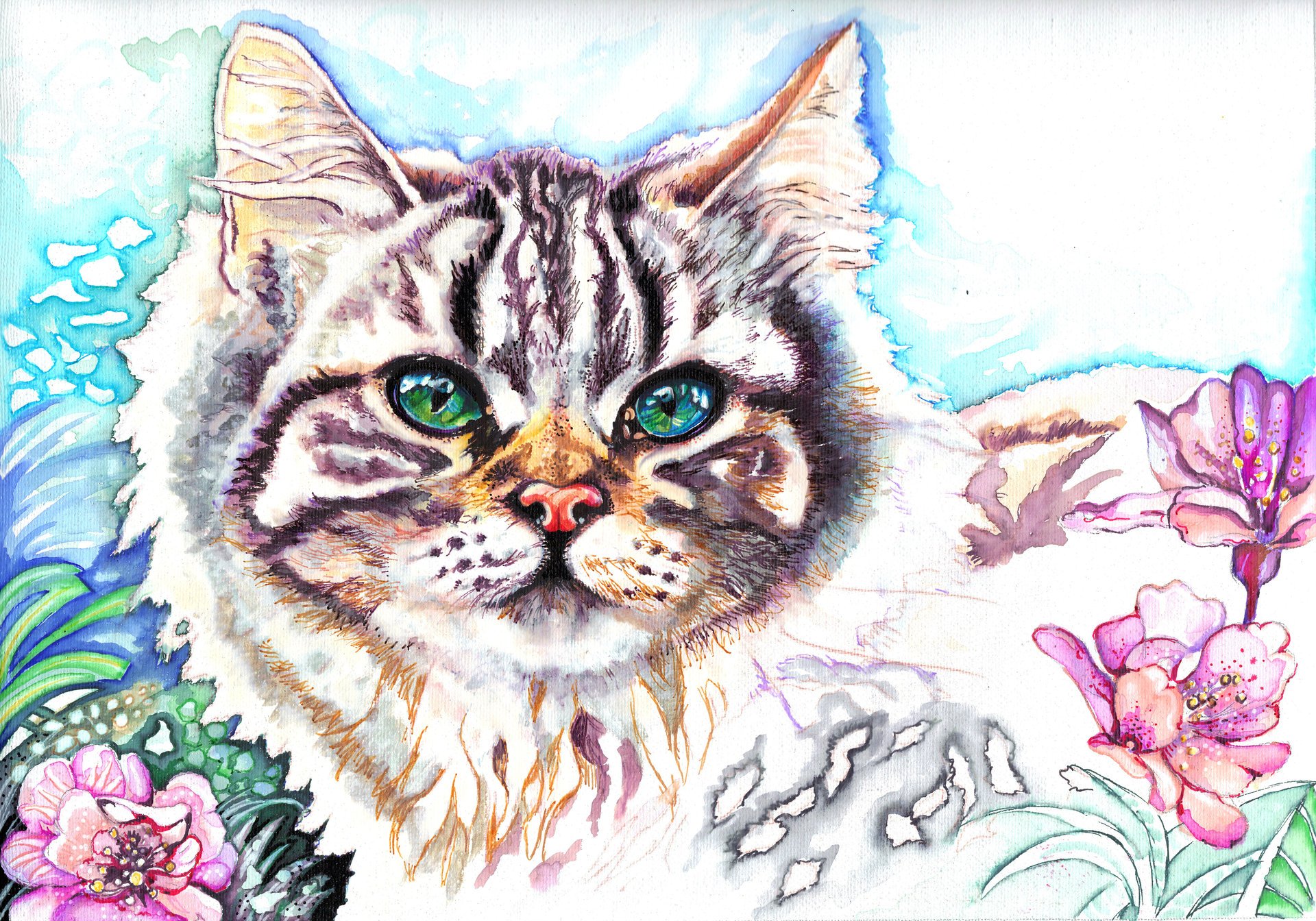 cristina papagianni pittura animale gatto occhi verdi muso orecchie sguardo fiori