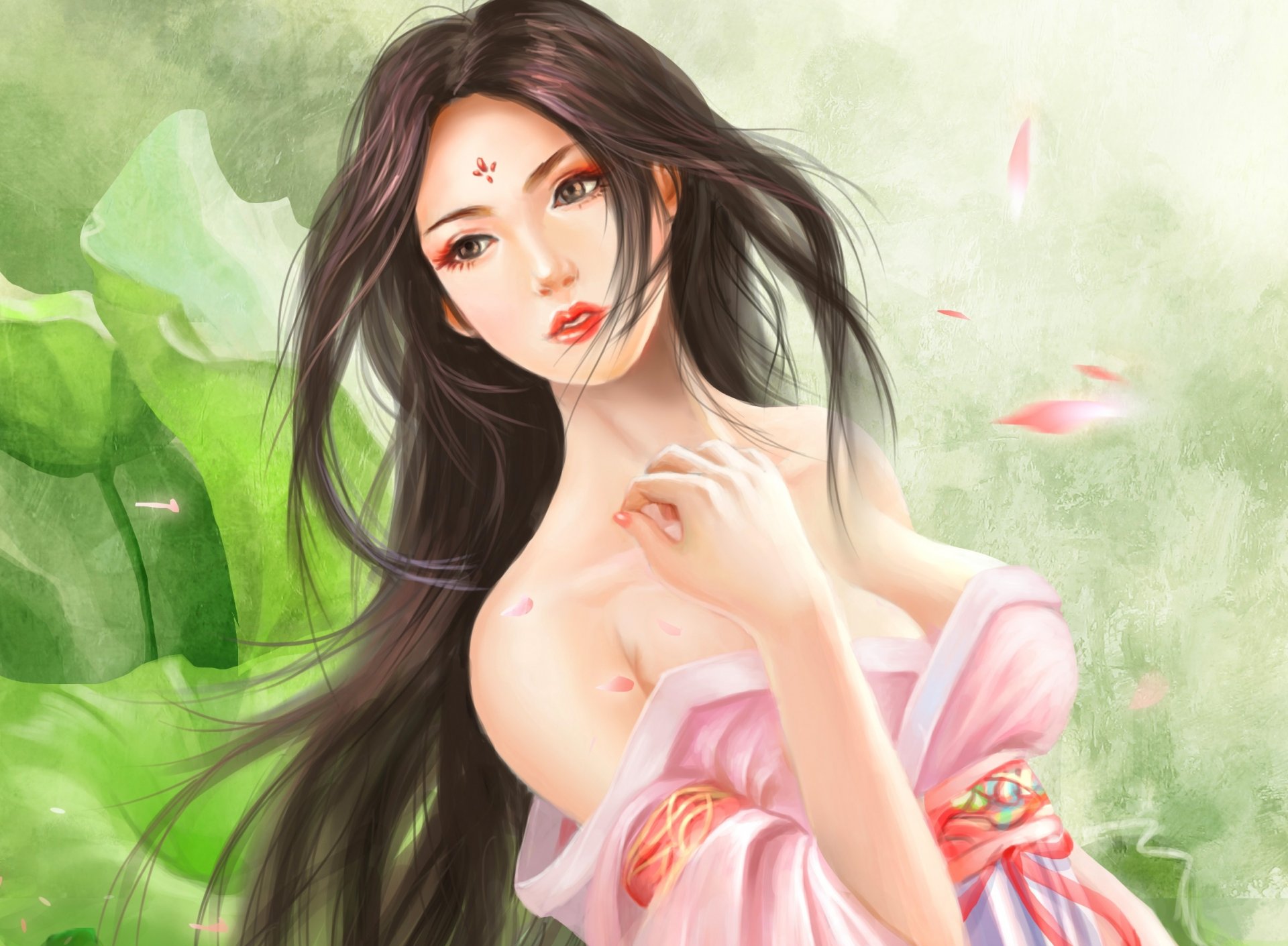 art girl petals asian leaves background