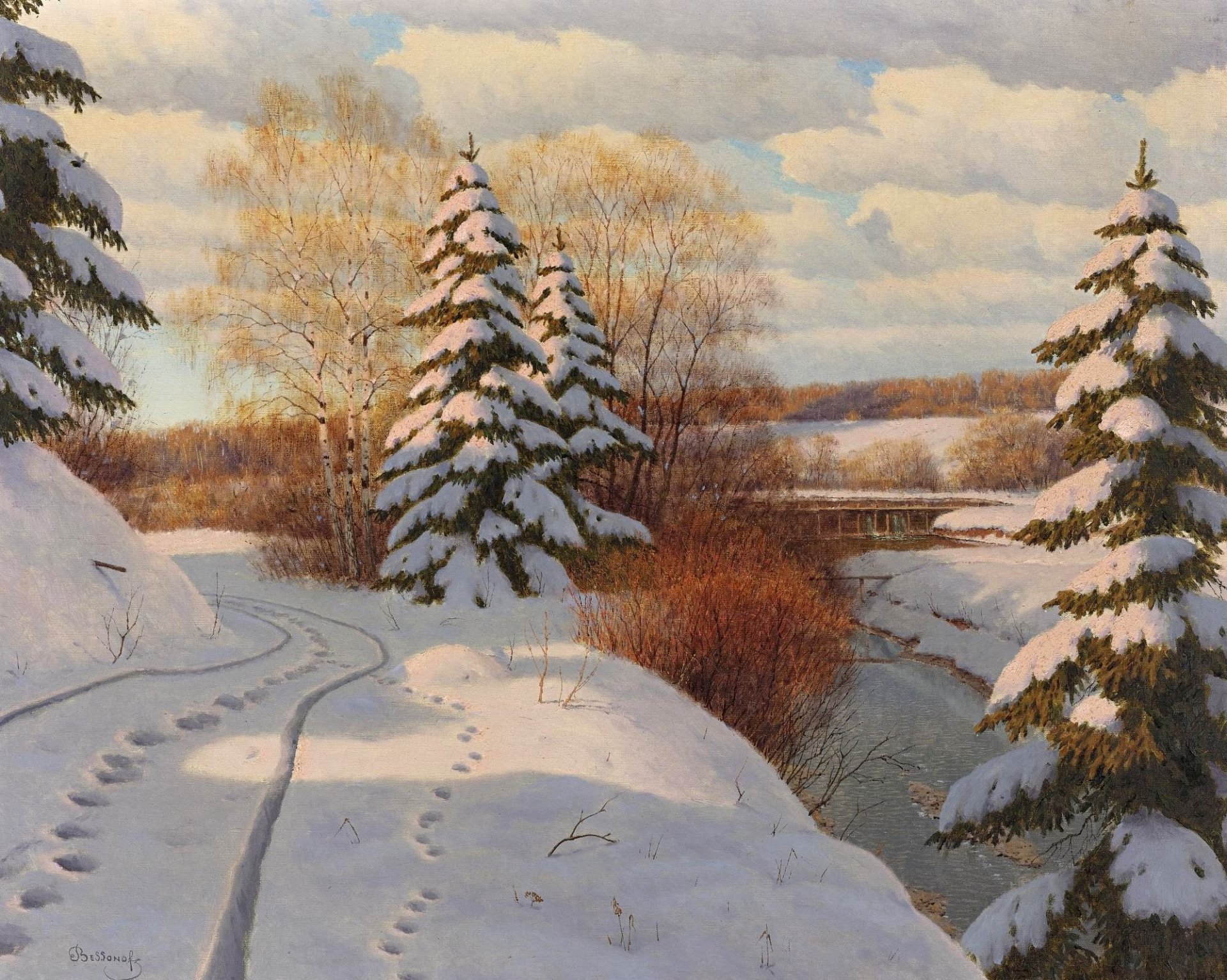 pittura paesaggio boris bessonov inverno neve tracce fiume riva alberi betulle alberi di natale