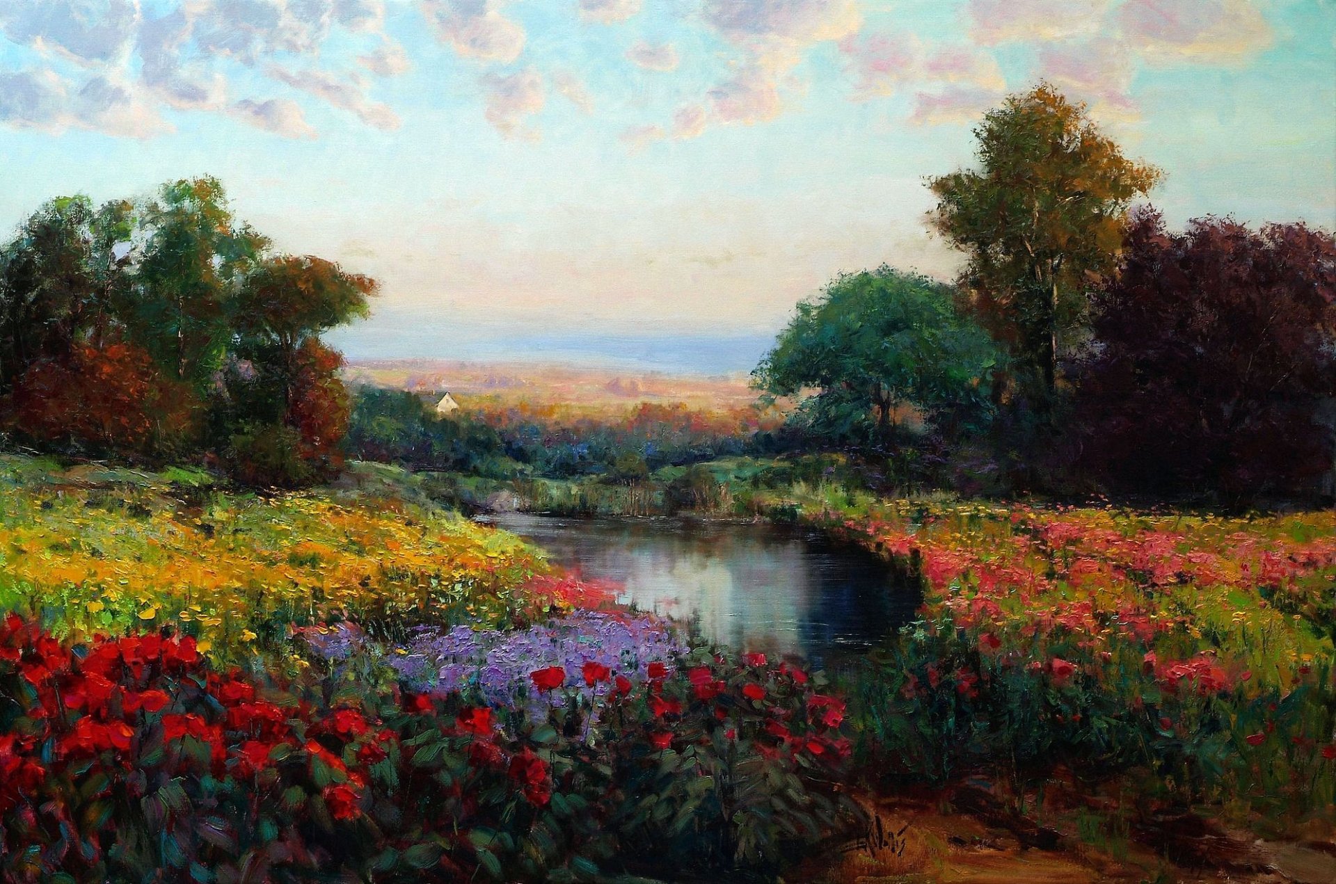 peinture paysage huile art eric wallis pré lac fleurs arbres ciel