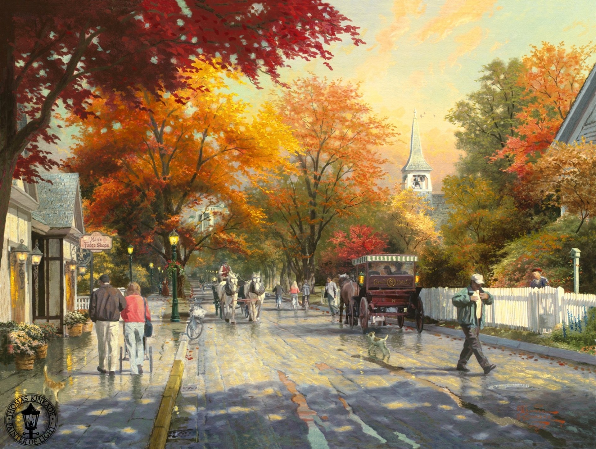 thomas kincaid autumn on makino painting autumn town village village street puddles wagon horses chapel lanterns dog