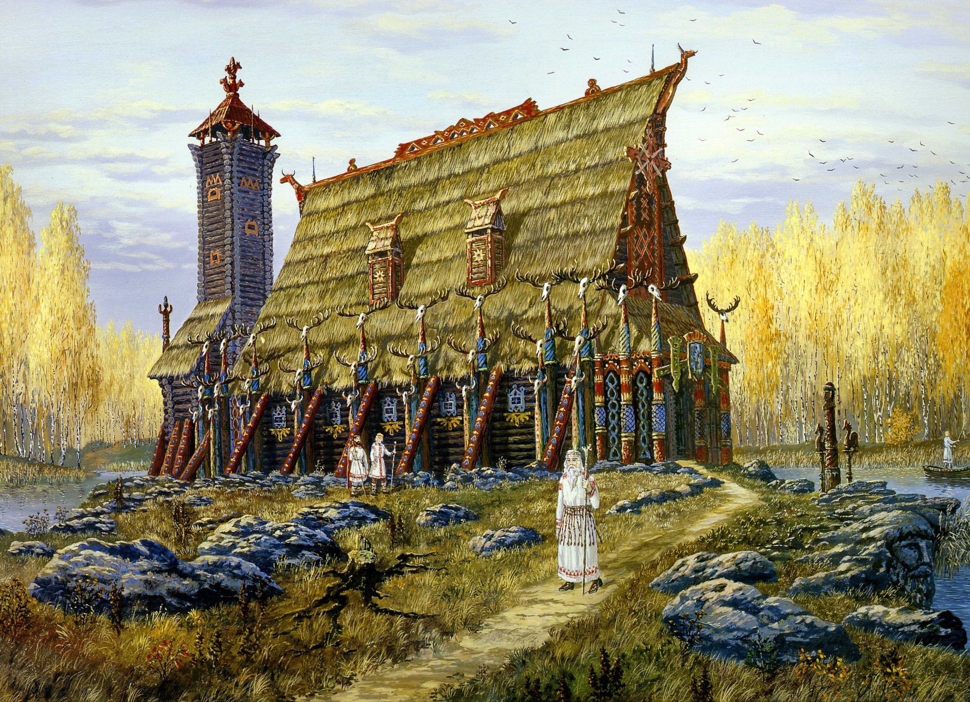 der tempel des horses. herbst vsevolod ivanov slawisch malerei geschichte russische folklore see tempel alt turm birkenhain magi