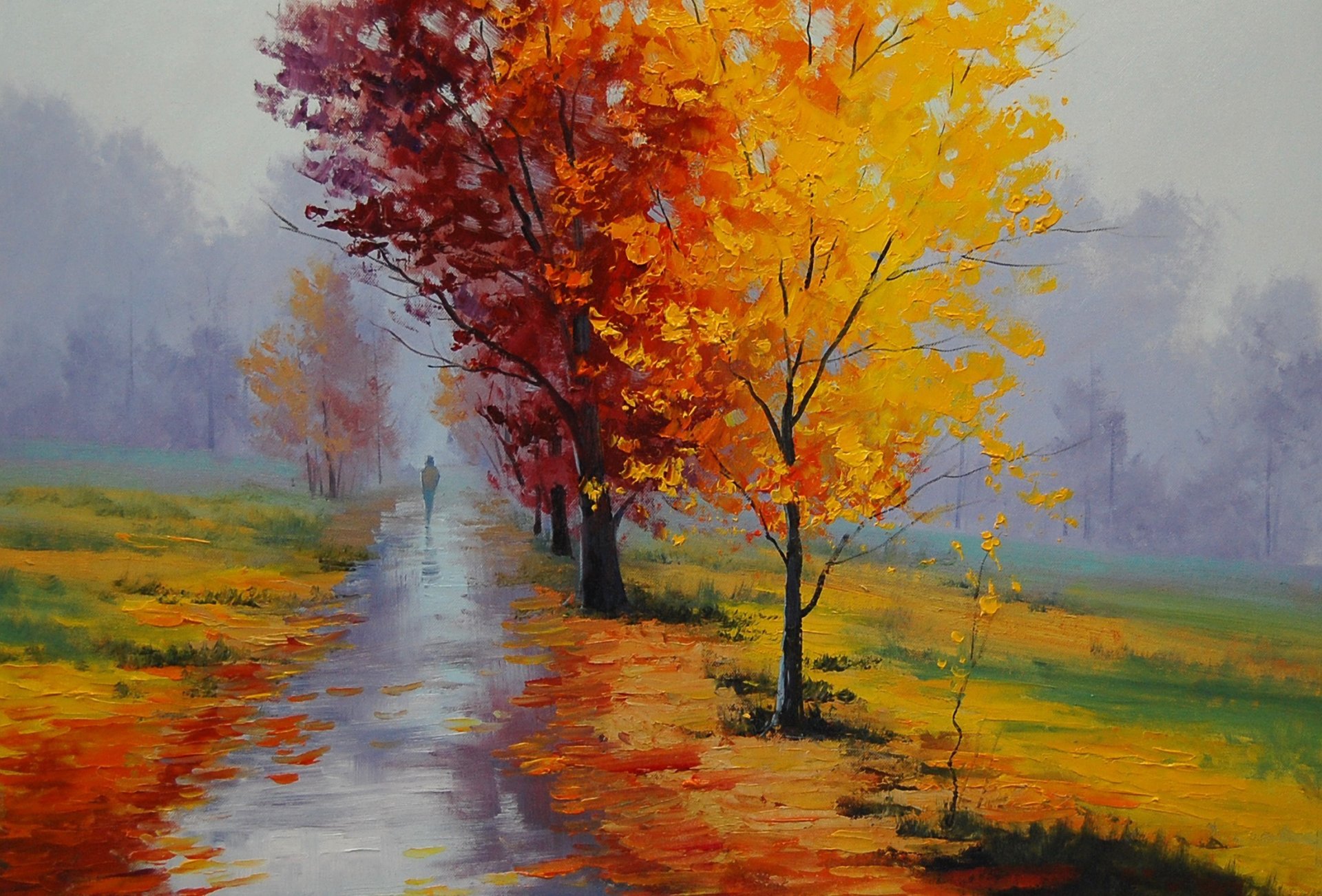 arte artsaus paesaggio autunno passante passerella foglie gialle vicolo