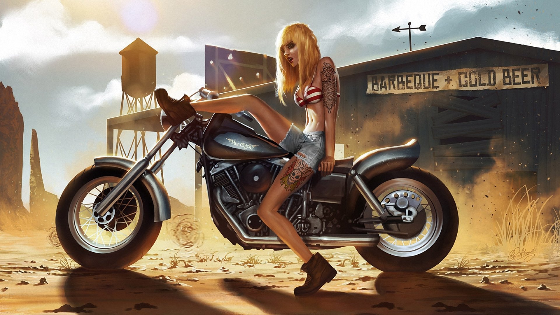 kunst mädchen motorrad tattoo tattoos staub sand anger sonne shorts