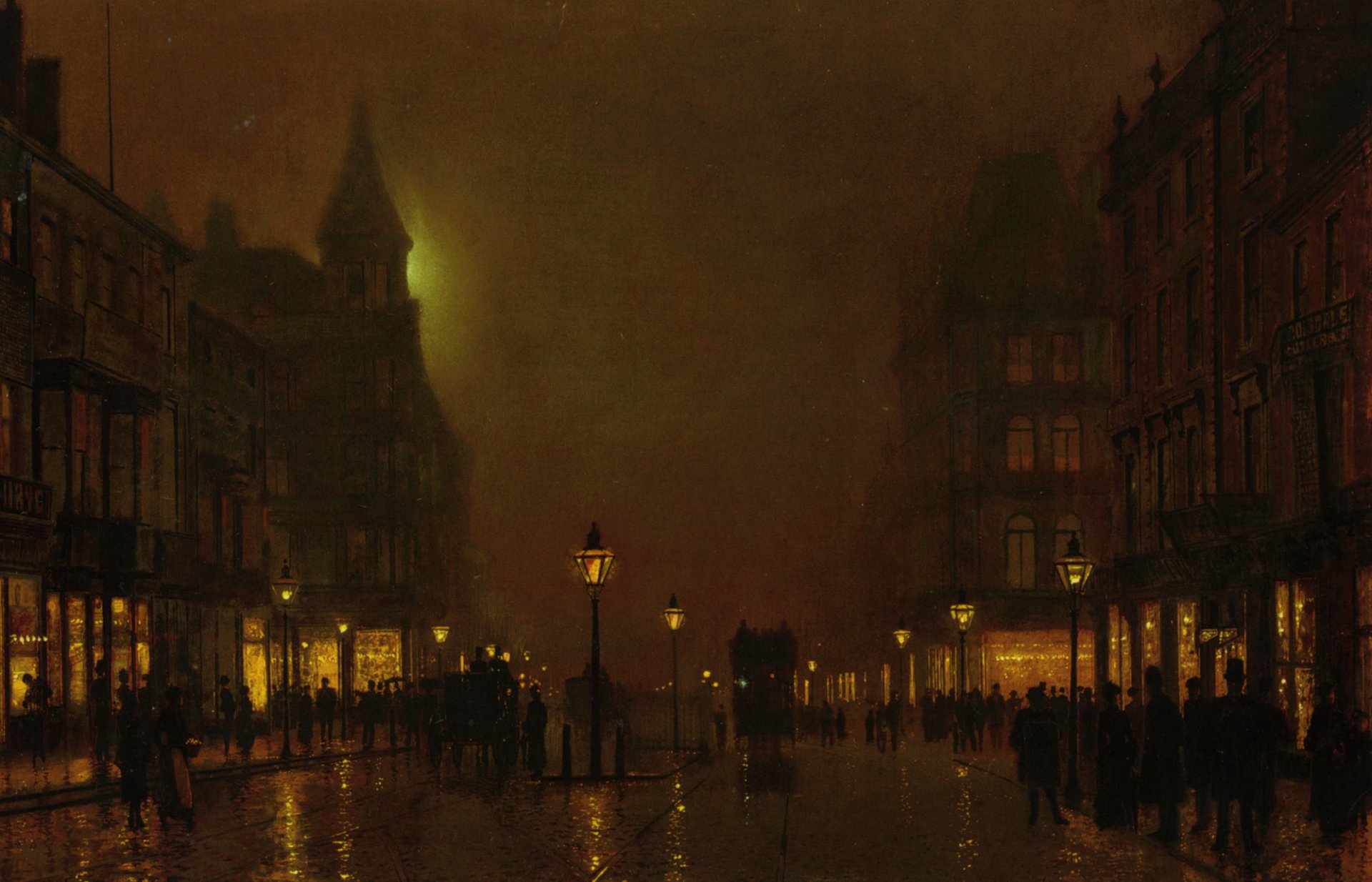 immagine john etkinson grimshaw città notte lanterne strada case persone carrozze vetrine pavimentazione luce