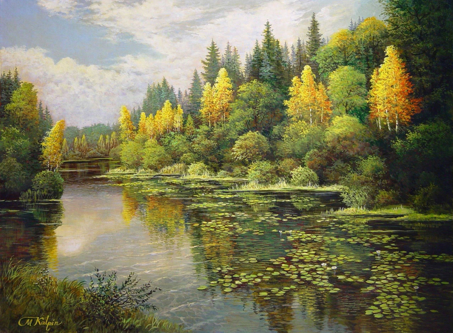 mark kalpin landscape painting the beginning of autumn mixed forest yellow birch lake lotu