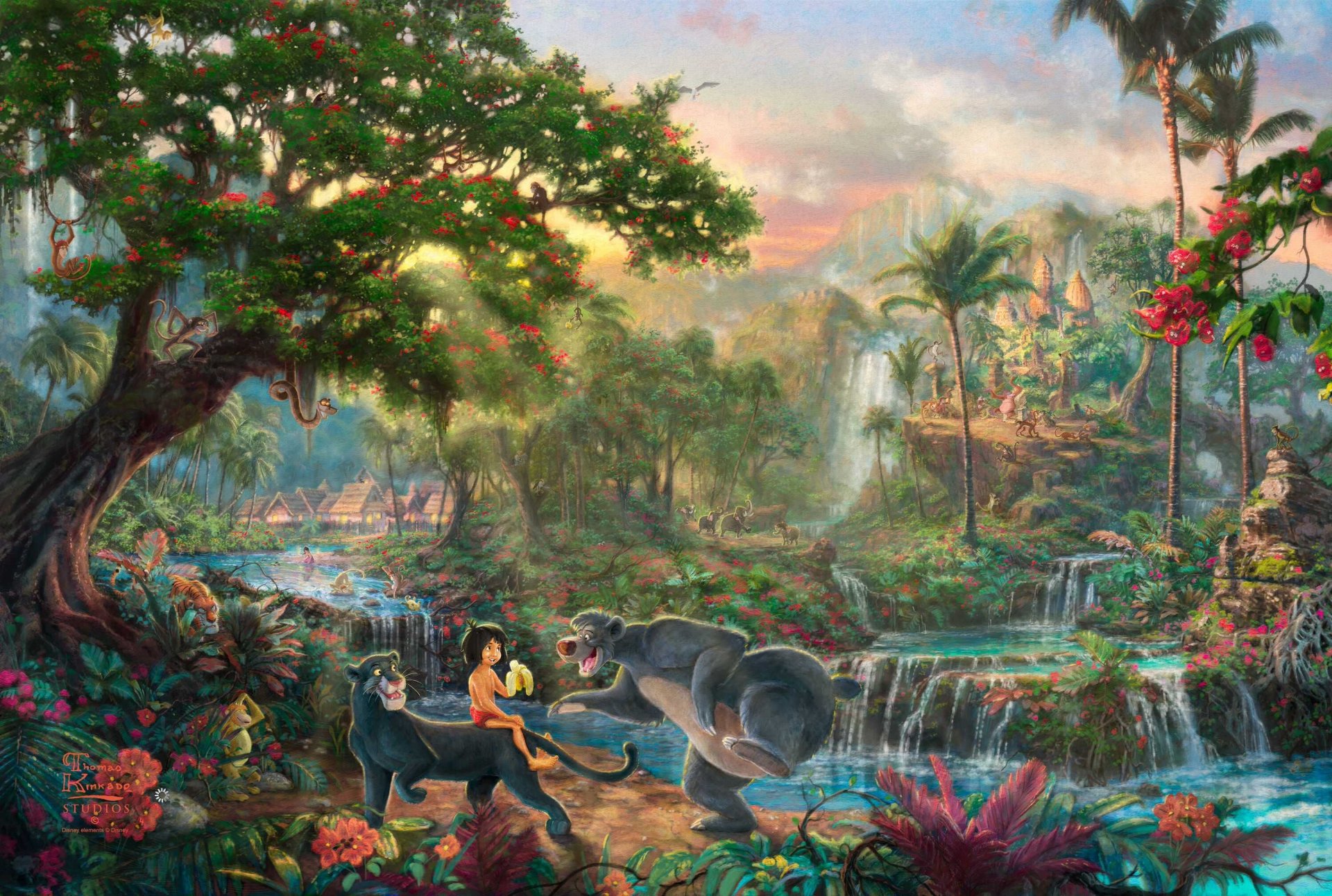 thomas kincaid el libro de la selva thomas kincaid estudios walt disney pintura película de animación película disney selva mowgli tigre sher khan pantera bagheera papá oso baloo flores cascadas palmeras monos pueblo cabañas