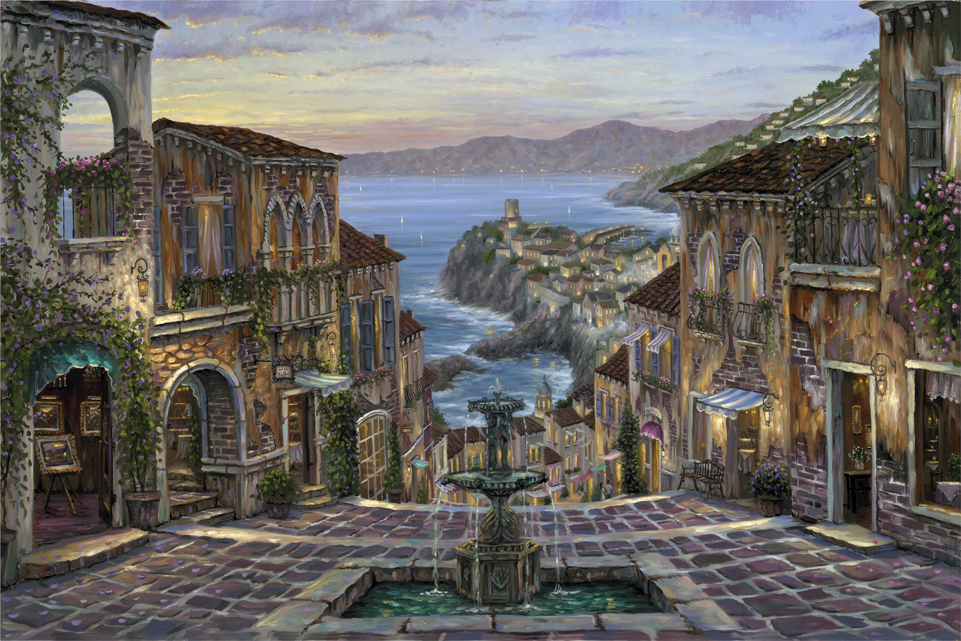 robert finale estate a vernazza pittura italia vernazza riviera italiana mare costa fontana sera case dipinti fiori intrecciati