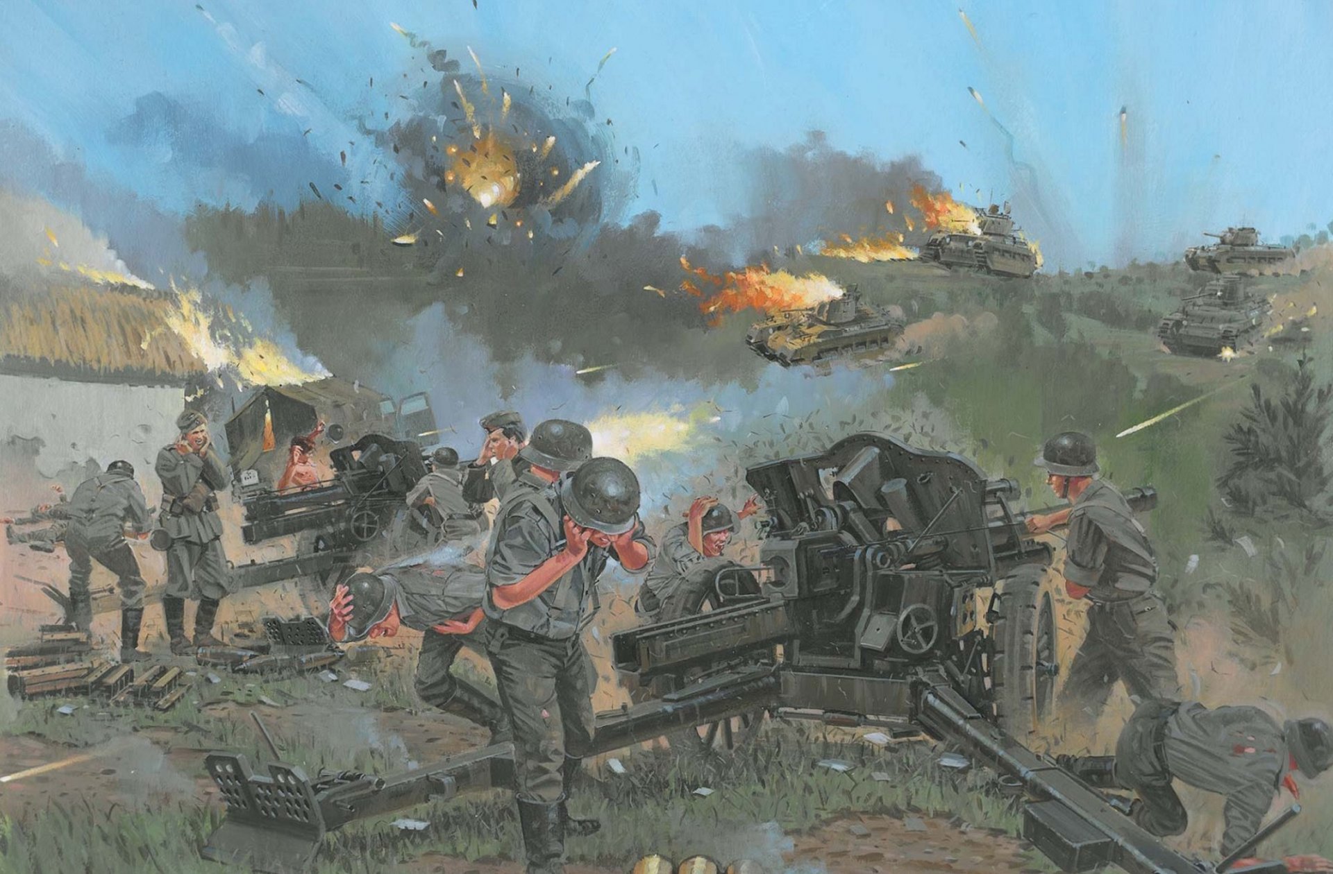 combat bataille chars canons soldats artilleurs explosions feu fumée seconde guerre mondiale dessin