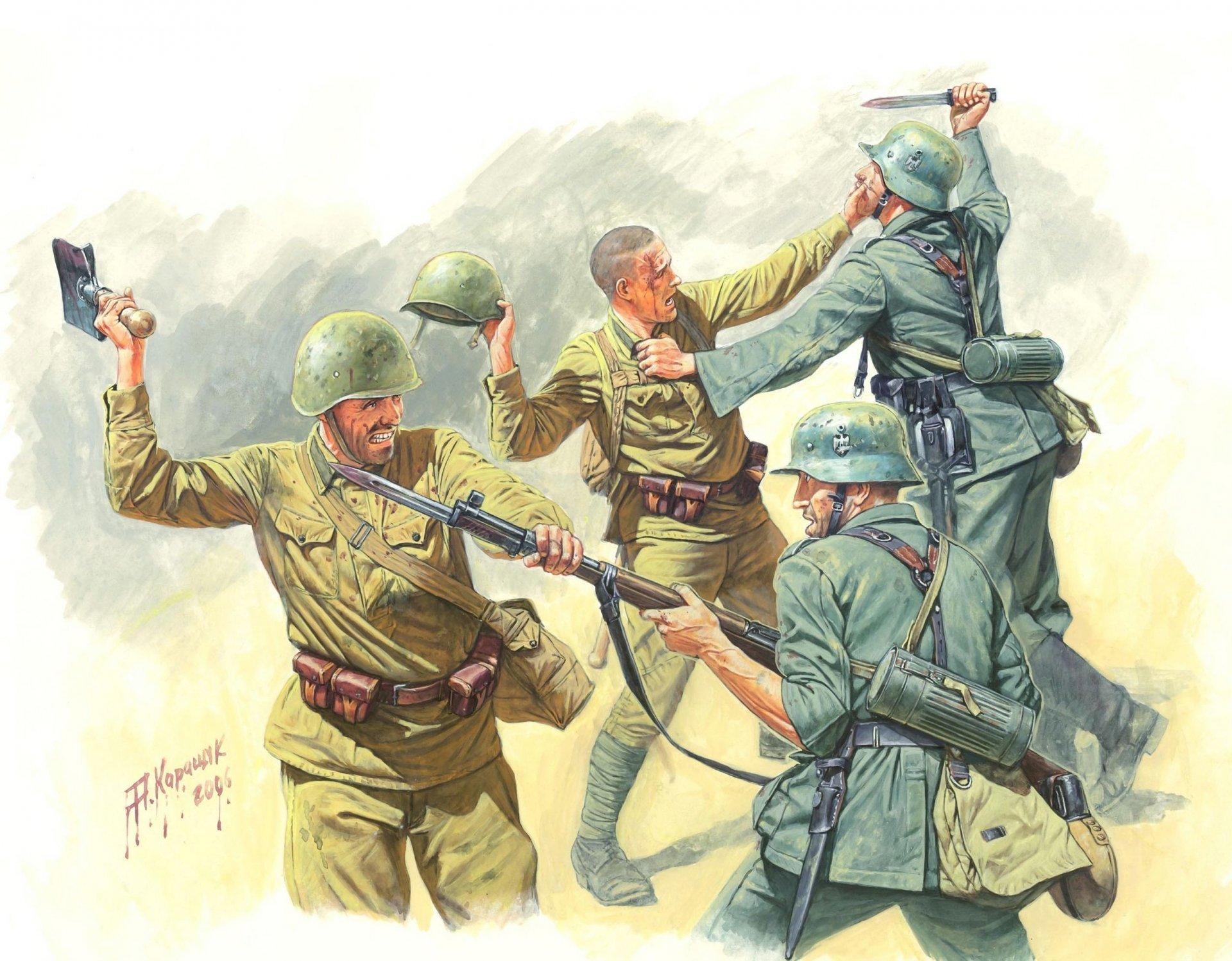 arte victoria gran guerra patriótica combate cuerpo a cuerpo soviético alemán soldados de infantería dibujo andreikarashchuk