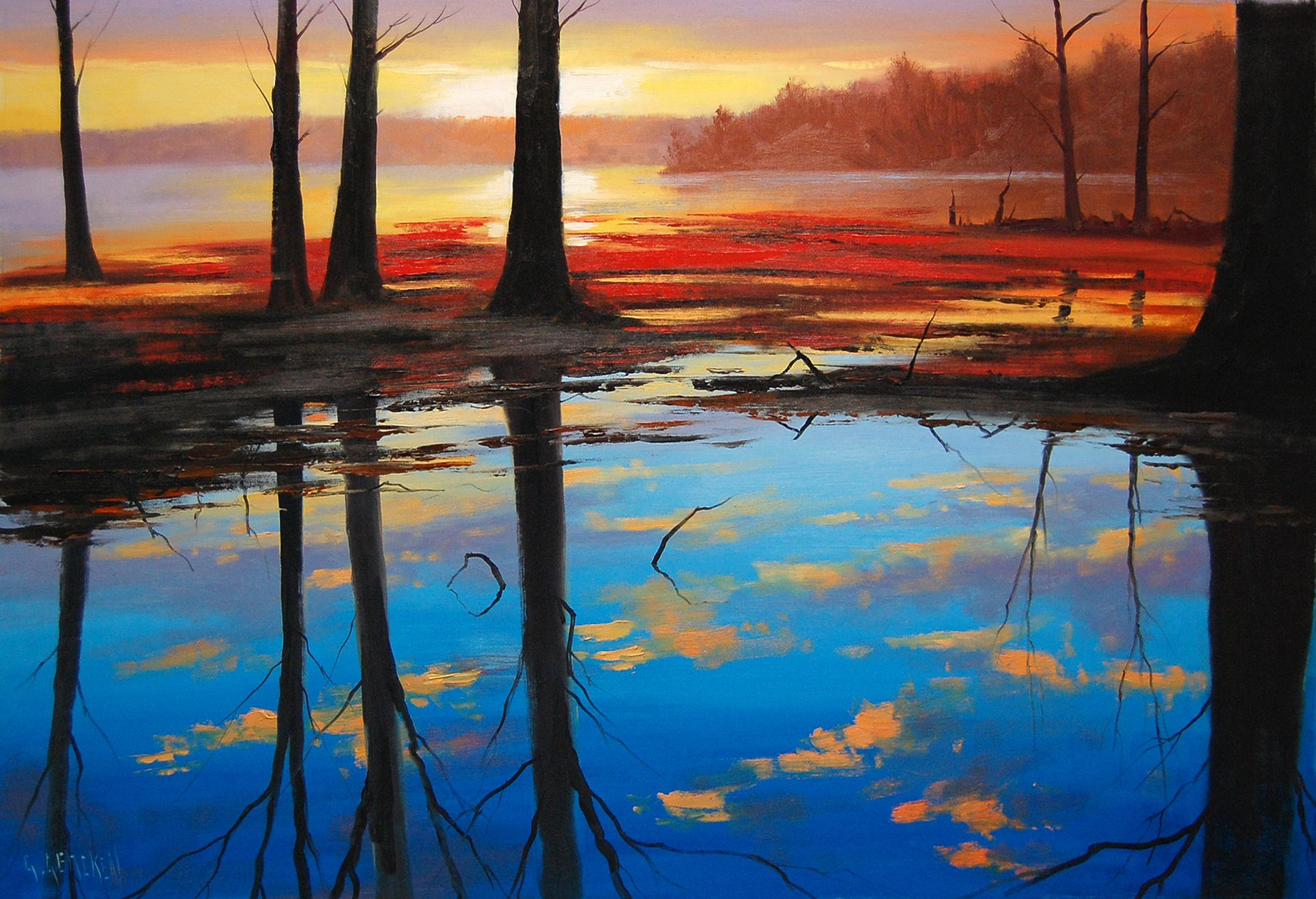 kunst artsaus natur bäume stämme see wasser morgendämmerung morgen reflexion sonnenaufgang wald