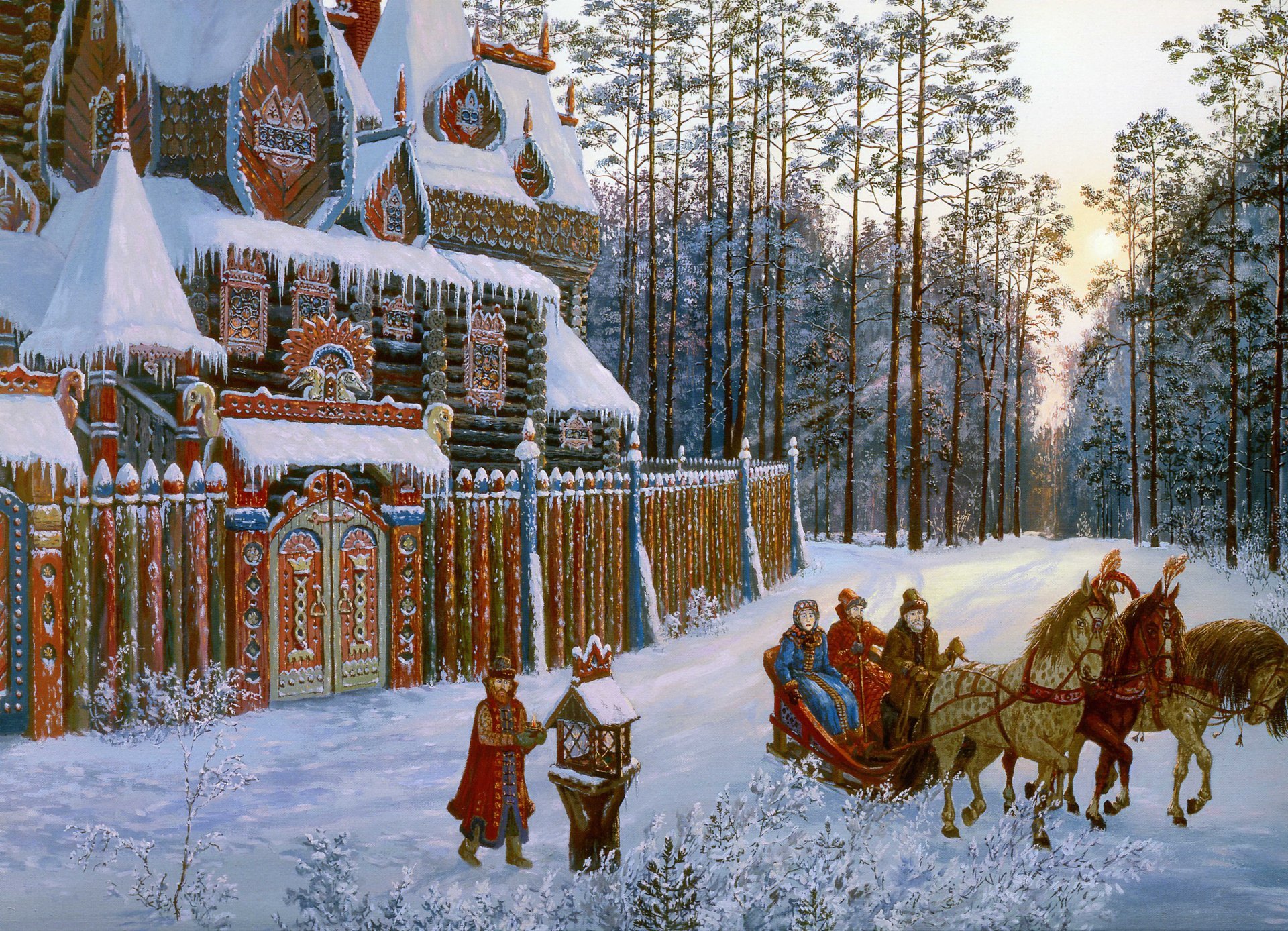 vsevolod ivanov vespertino en un paseo folclore ruso invierno nieve bosque pinos crepúsculo casa arquitectura rusa tres caballos