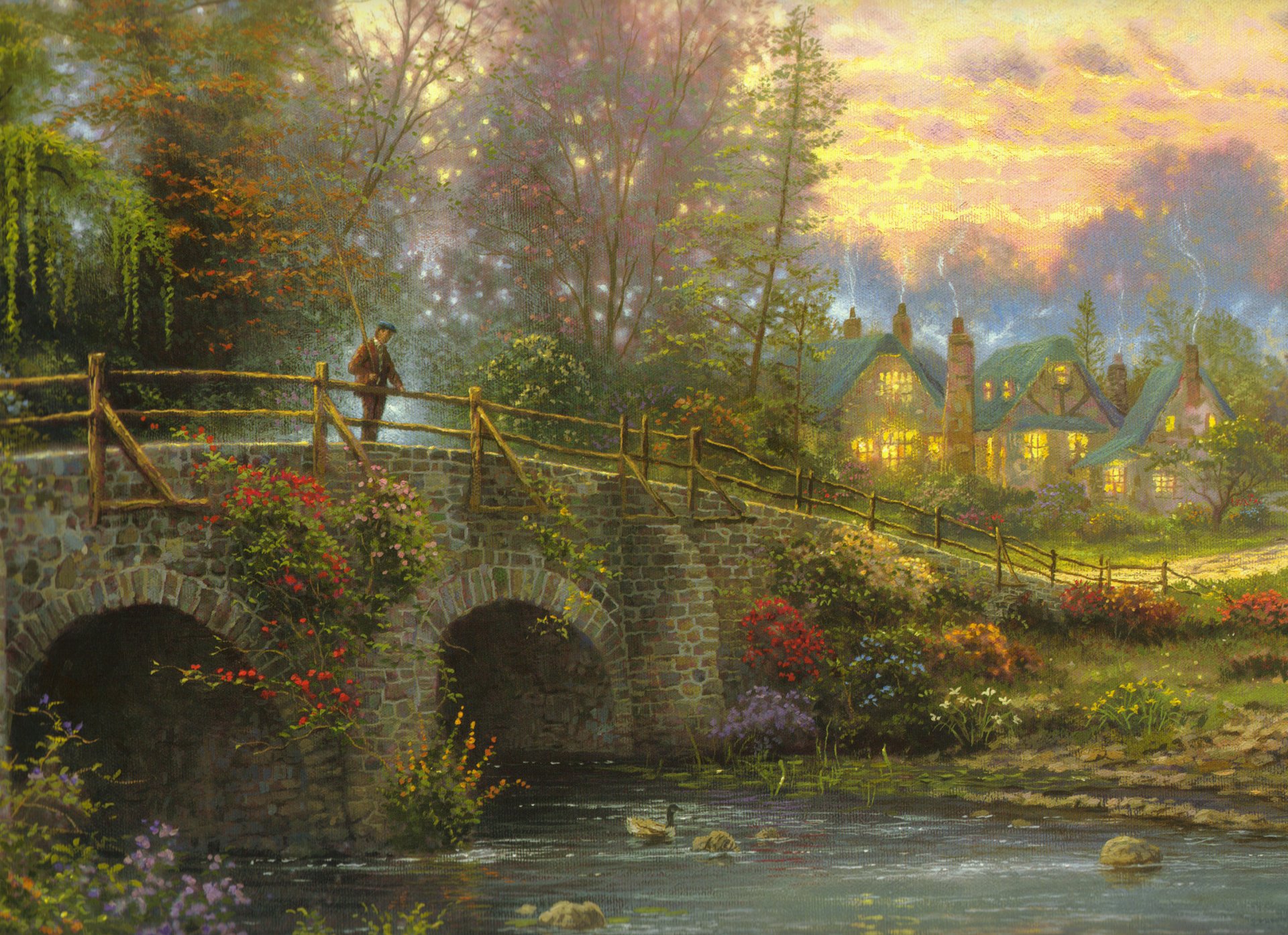 thomas kinkade cobblestone evening art painting river bridge a fisherman house night