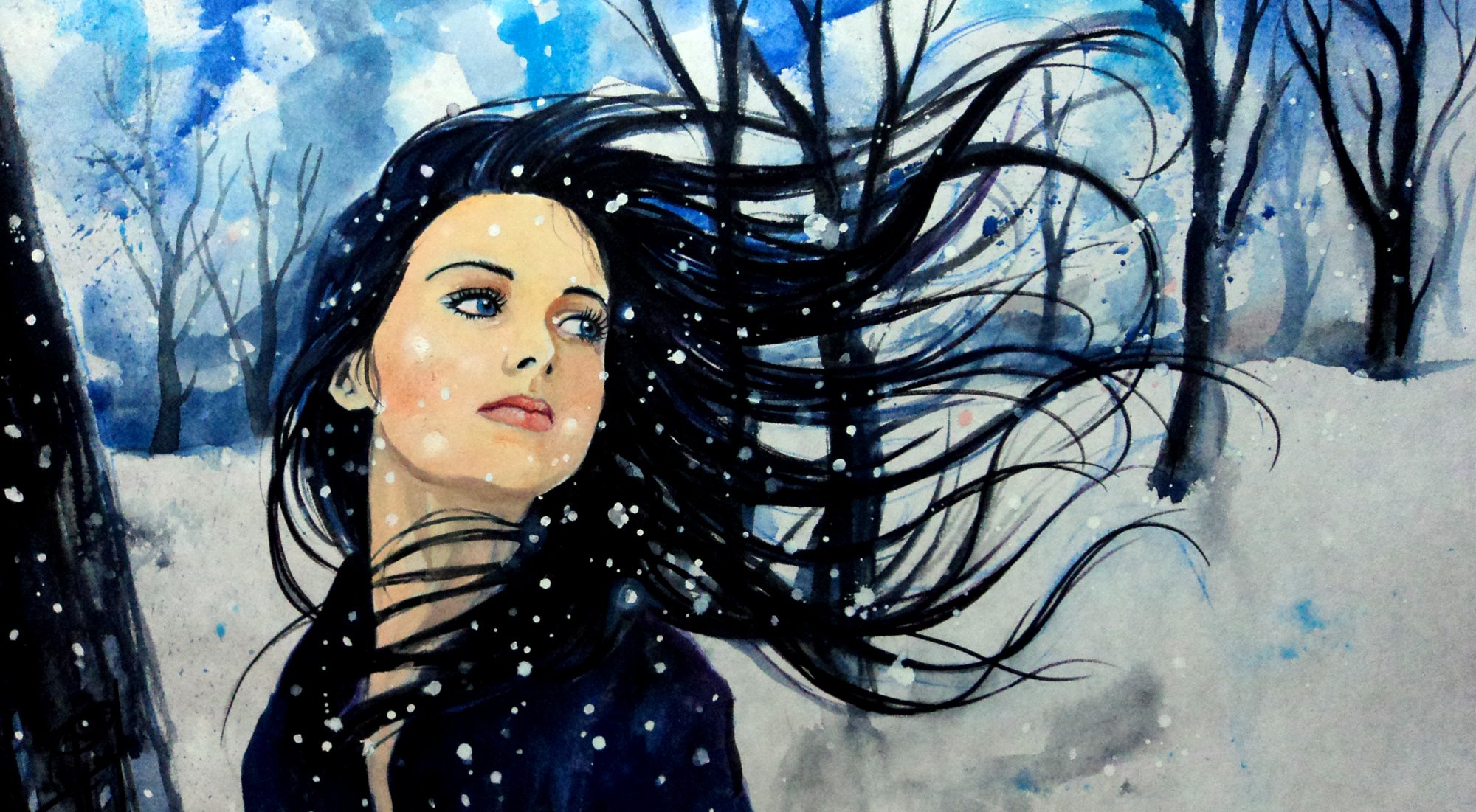 painting art girl face view blue eyes hair wind winter snow tree sky