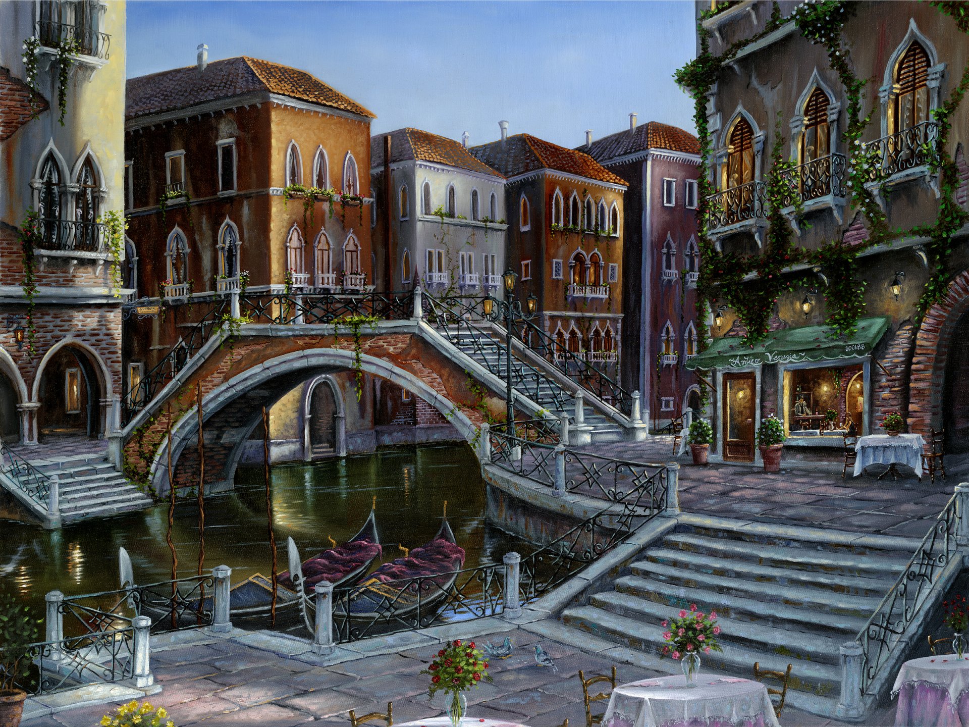 robert final venician sunrise pintura italia venecia puente canal góndola café mesa flores florero escalera escalones