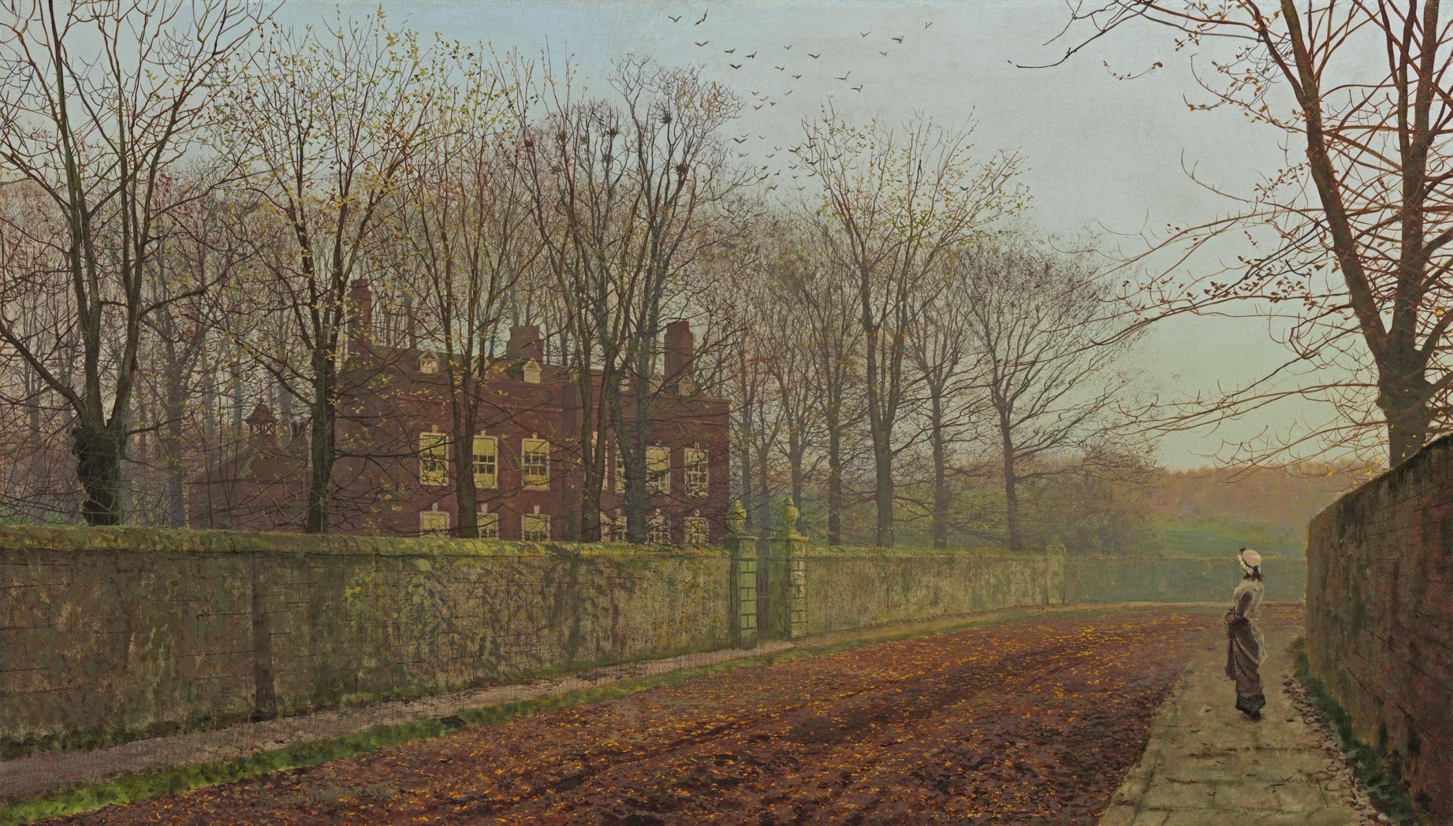 pintura john atkinson grimshaw otoño calle camino casa niña árboles cerca ramas pájaros