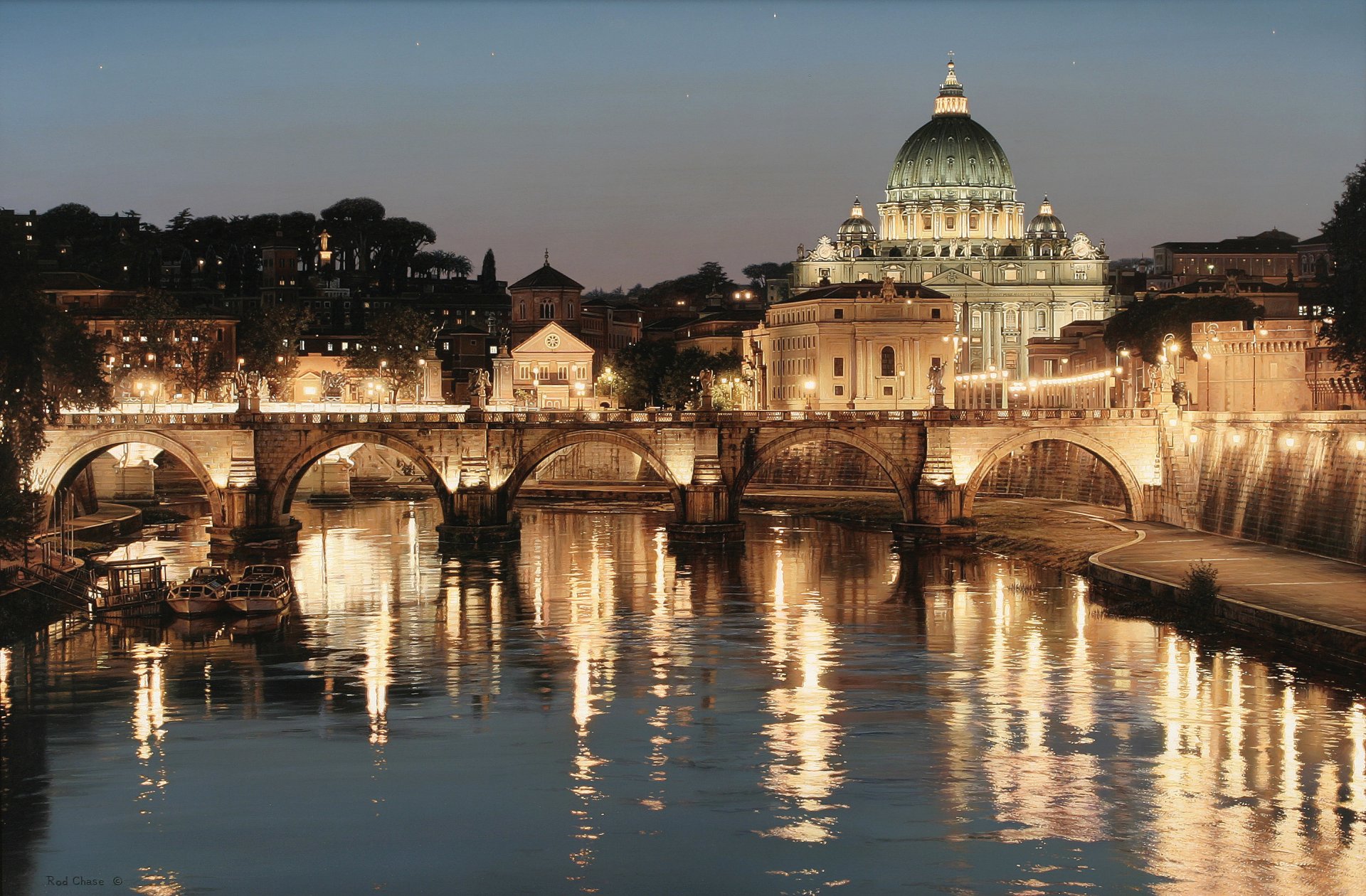 rod chase glory of san pietro art basil st. peter s basilica italy town rome river tiber bridge light