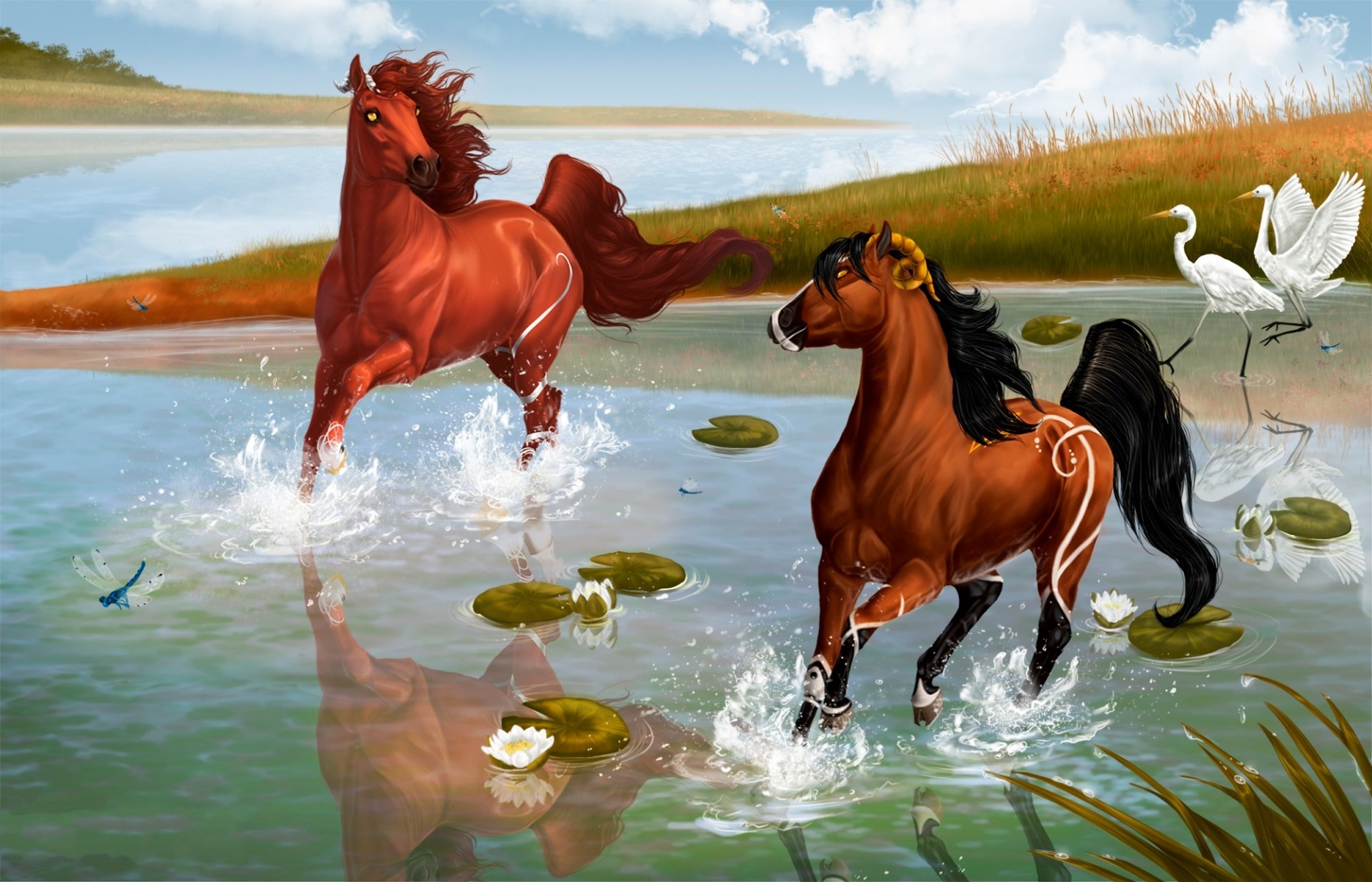 peinture chevaux eau libellule cornes réflexions roseaux nénuphars lotus fleurs terre herbe cigognes oiseaux ciel bleu lignes yeux crinière queue été roseau nénuphars