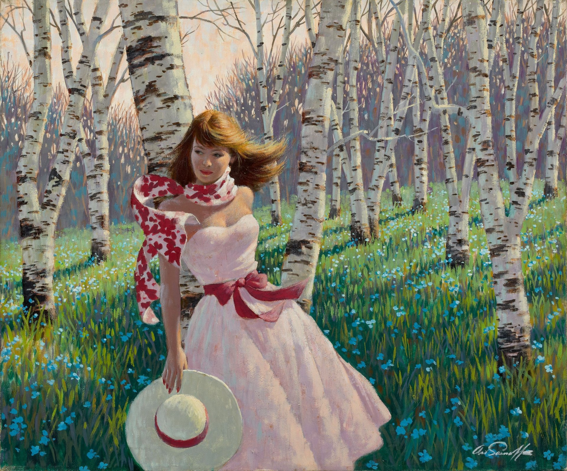 arthur saron sarnoff birch forest painting girl pink dress forest birch spring flower